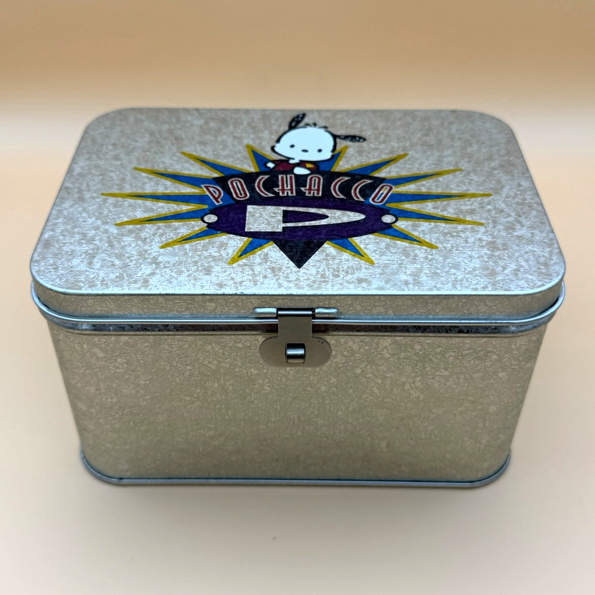 Sanrio Pochacco 1989/1996 Silver Metal Tin Box, Small Rectangle Latch Lid
