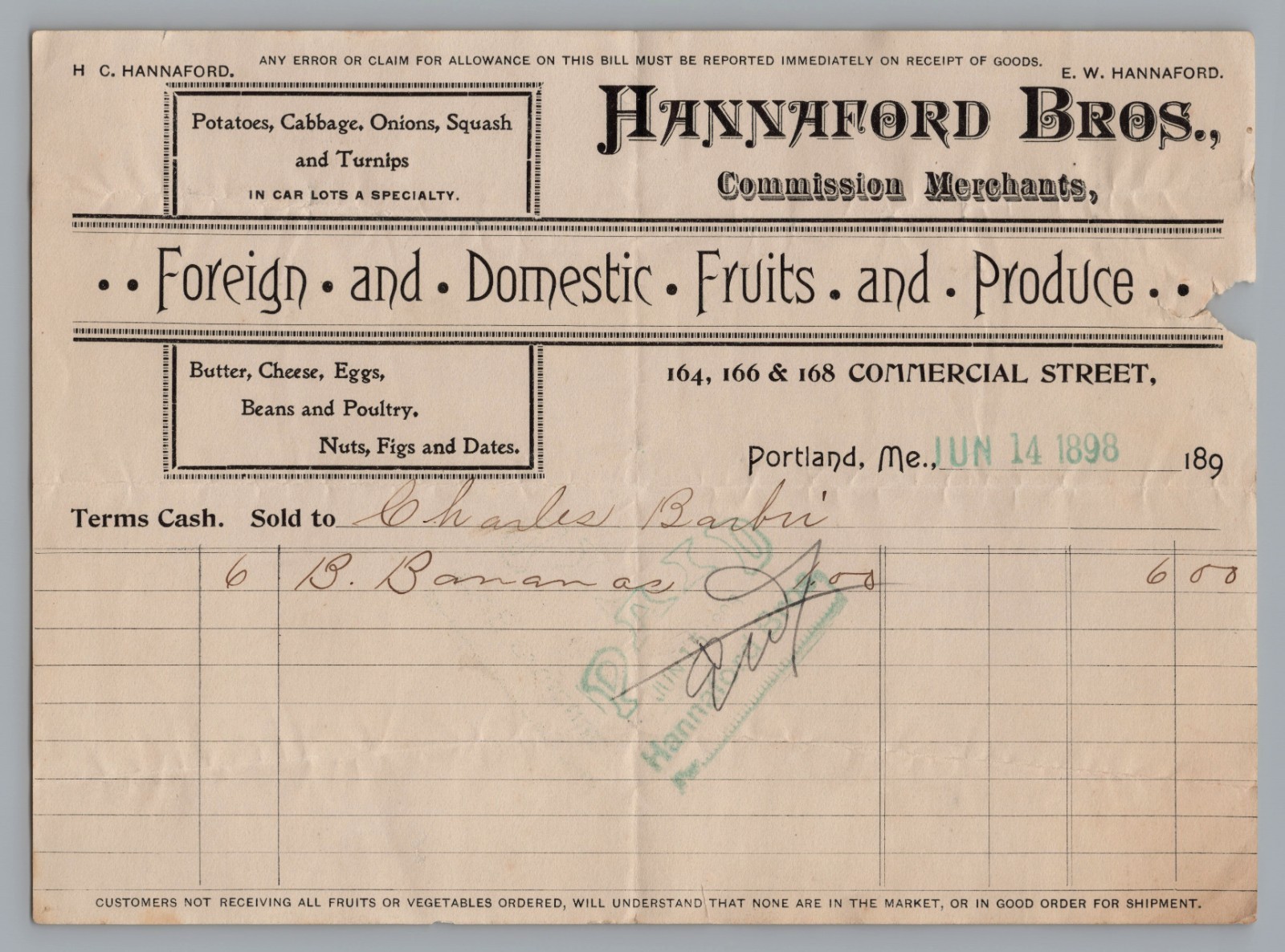 Rare 1898 Hannaford Bros Billhead Invoice Portland ME Grocery Supermarket