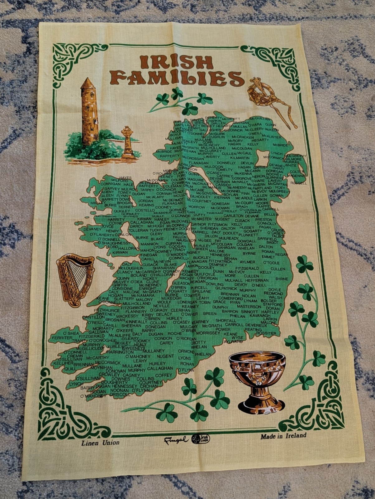 Vintage Irish Families Linen Tea Towel Map of Ireland Surnames