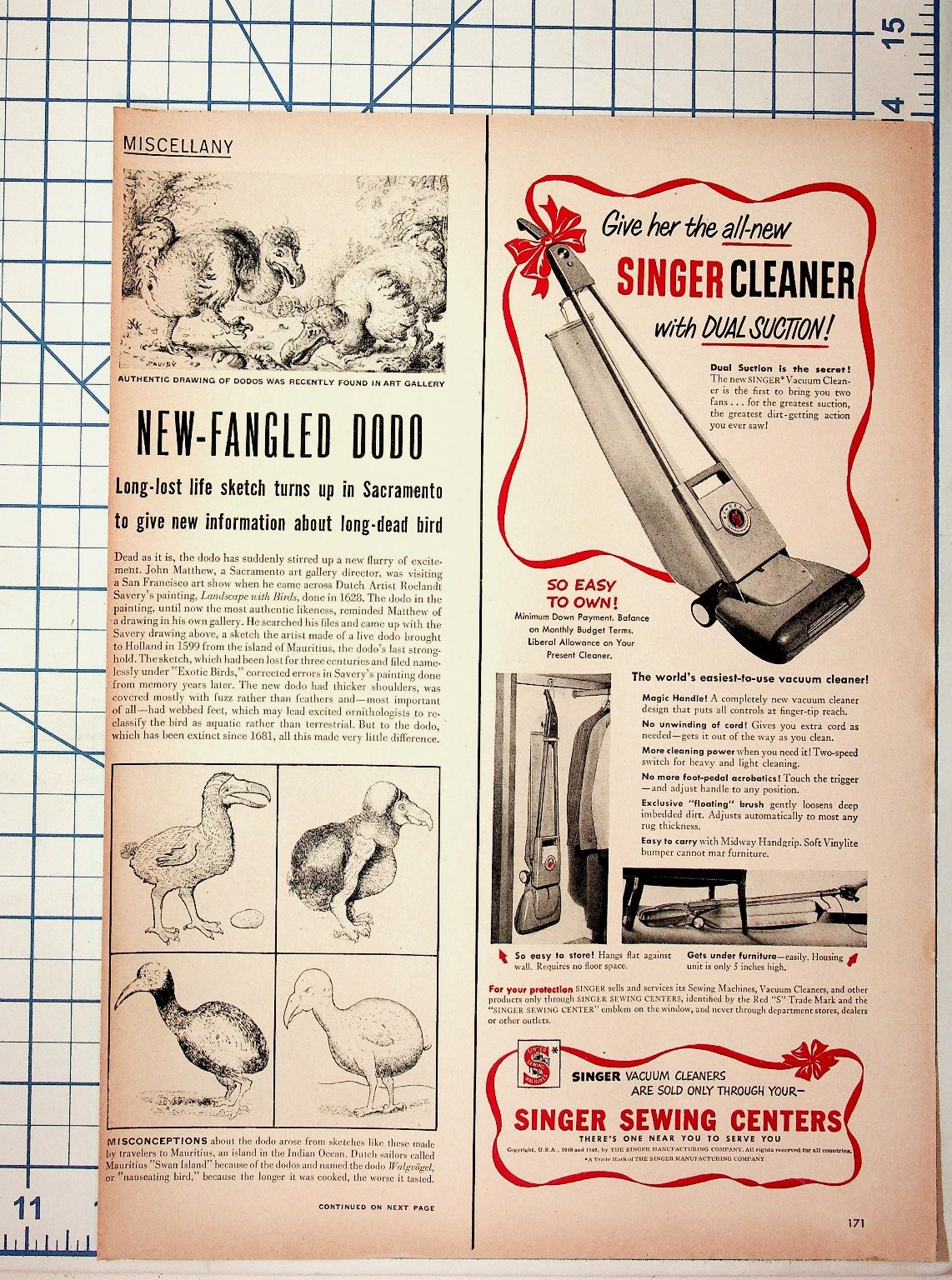 1959 Dodo Bird Article & Singer Vacuum Cleaner Serviset Ads Magazine Page