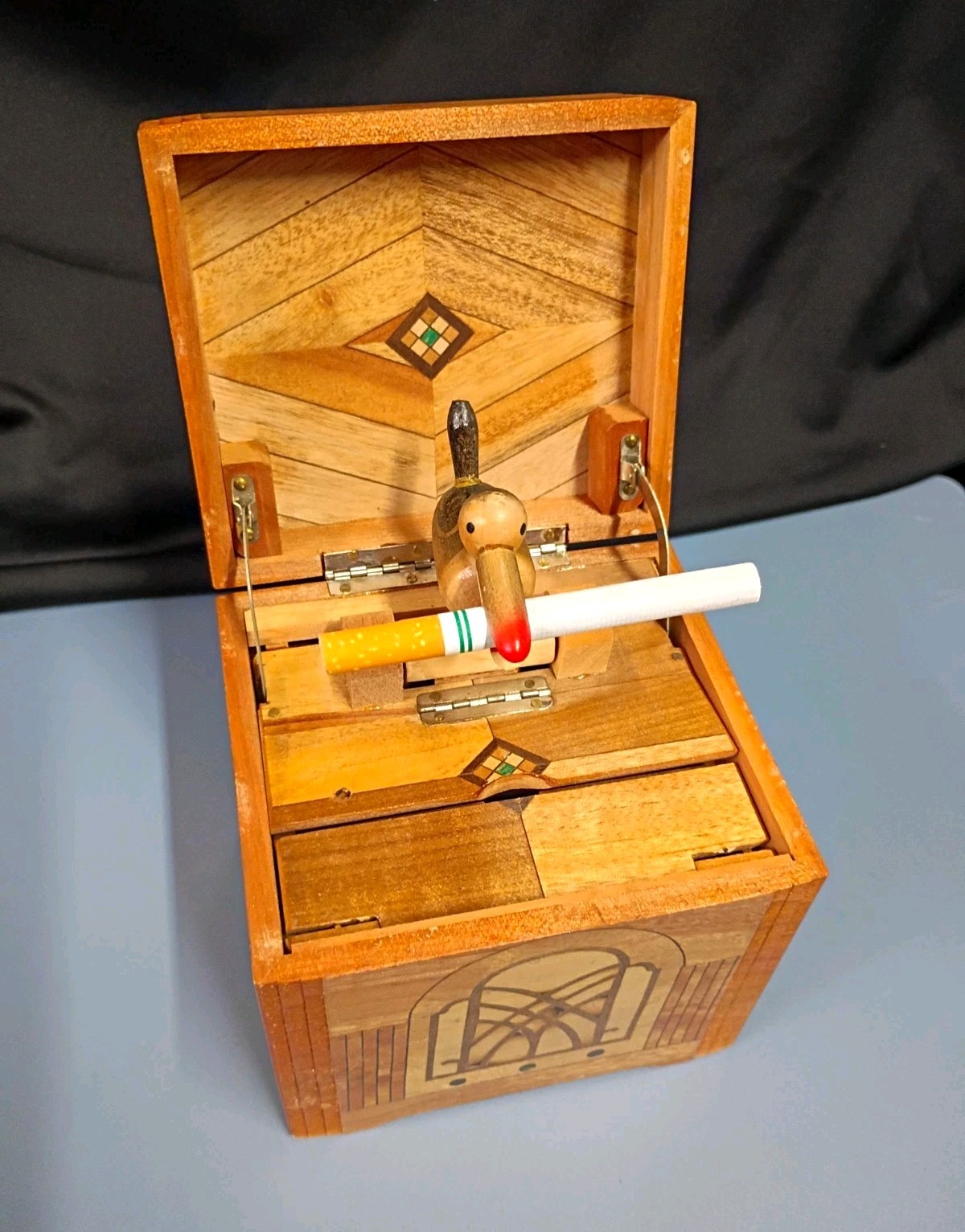 Antique Mechanical Cigarette Dispenser Box, Marquetry Inlaid With Animated Tune