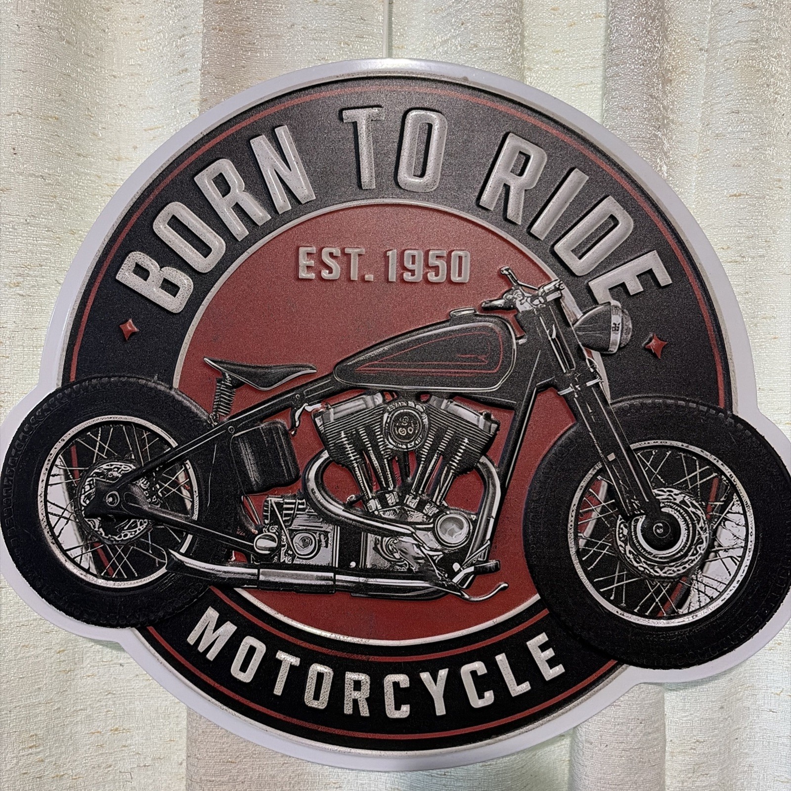 VINTAGE STYLE- BORN TO RIDE MOTORCYCLE SIGN- 18X16 INCH EMBOSSED METAL SIGN- NEW