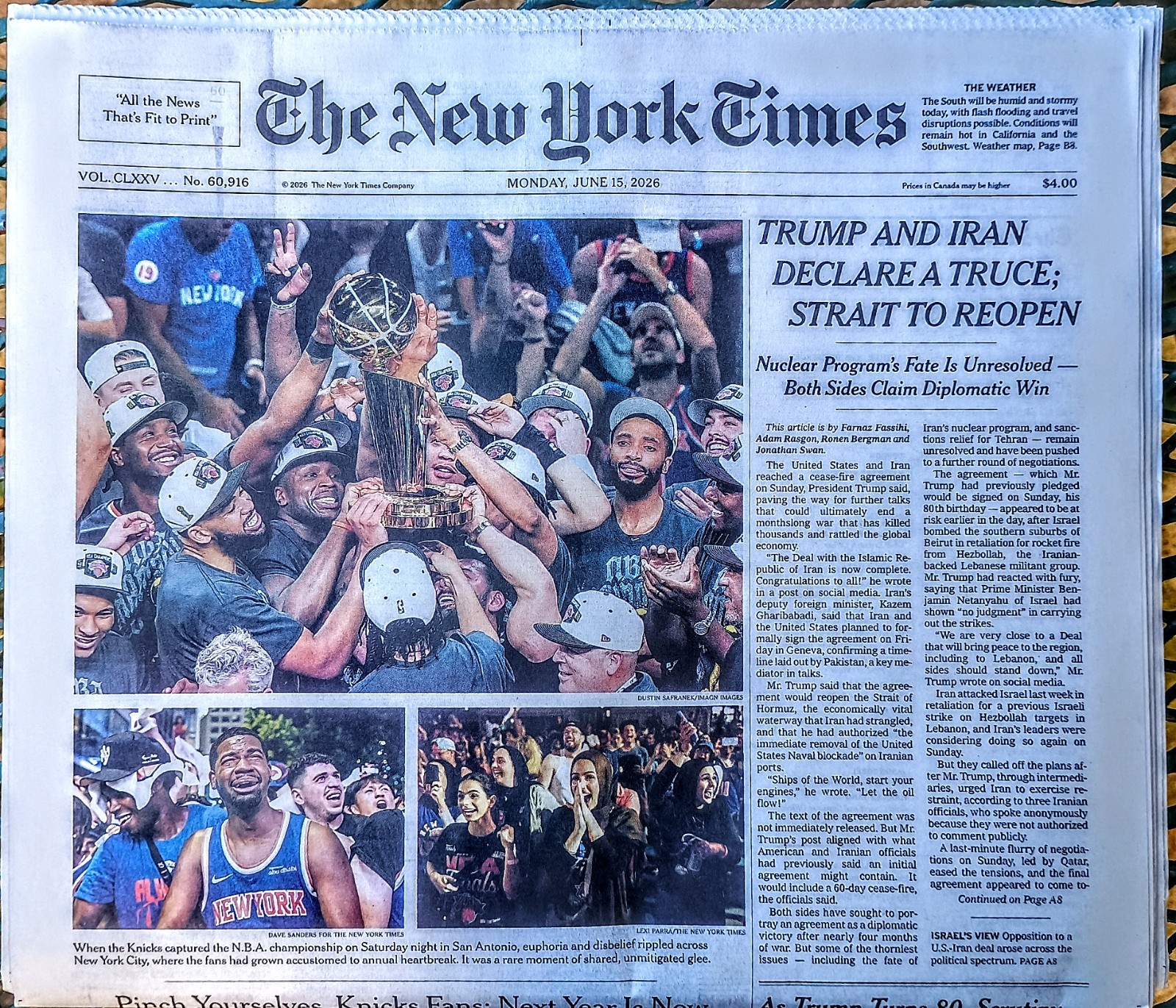 🏆 🗽 Knicks Win Championship New York Times Newspaper  6-15-26  🏆 NBA Champs