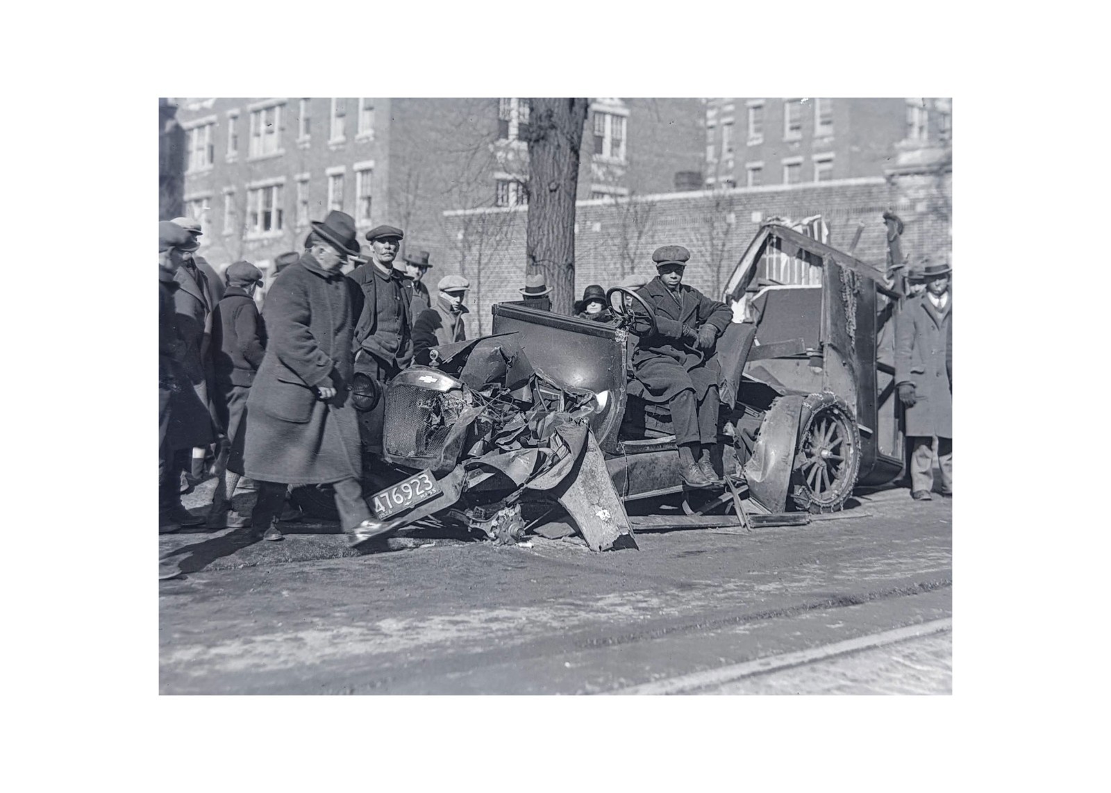 1920s Cambridge Harvard Auto Wreck Driver Sits on Ruin Car Glass Negative OOAK