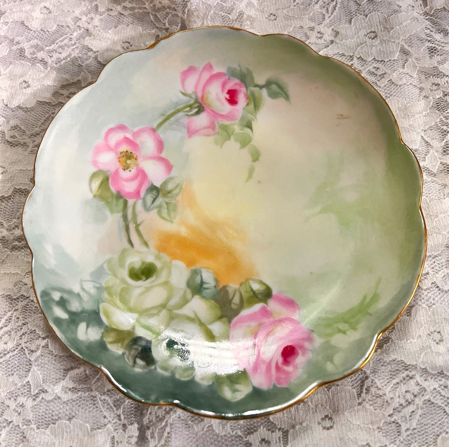Antique Limoges France Hand Painted Rose Plate Scalloped Gold Rim 1891-1914