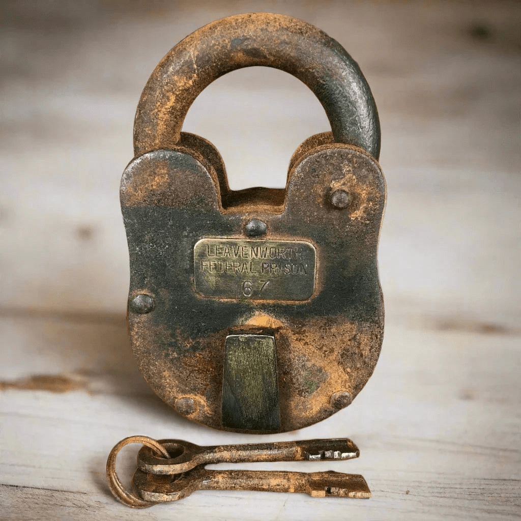 Leavenworth Federal Prison Cast Iron Lock with Brass Tag & Keys