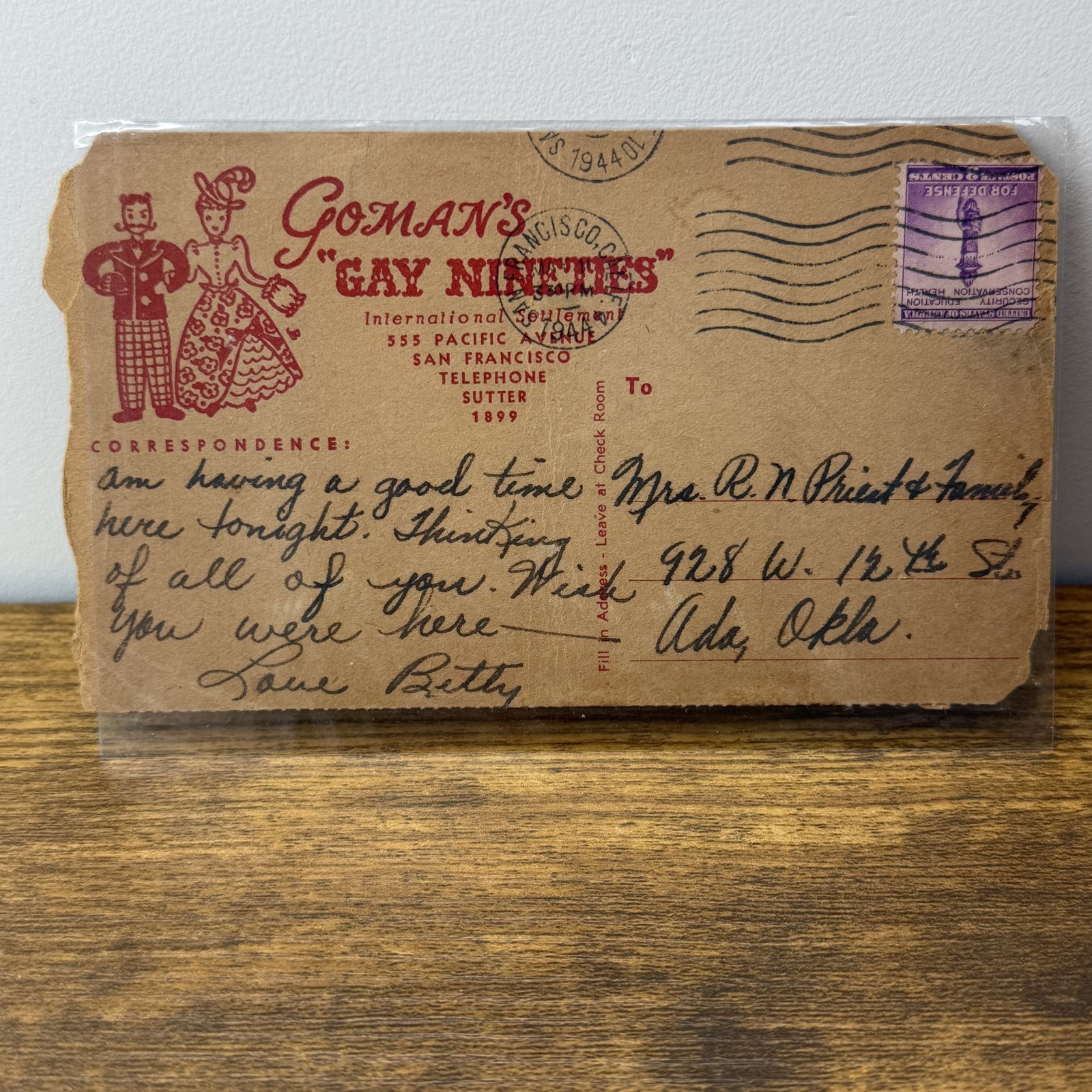 1944 Goman\'s Gay Nineties San Francisco CA Barbary Coast Promo Postcard