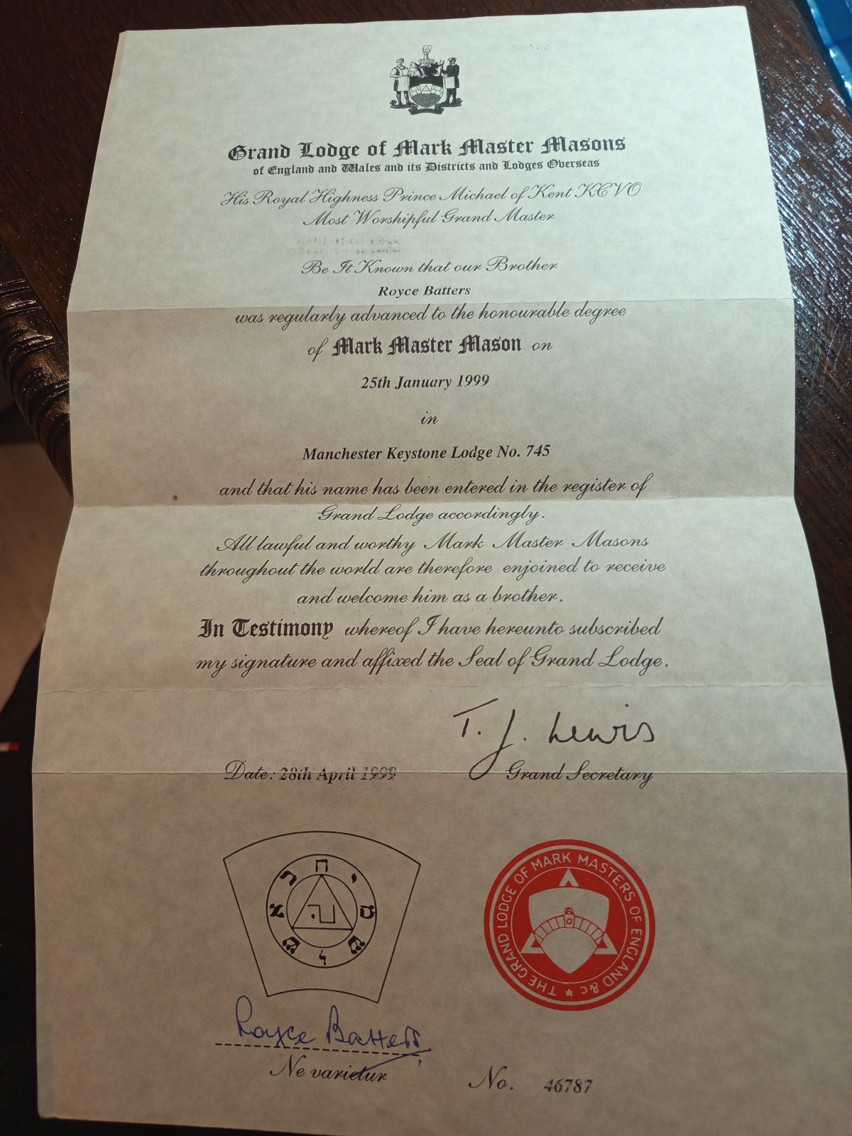 1999 Grand Lodge Mark Master Masons Certificate  Freemasonry masonic/1008