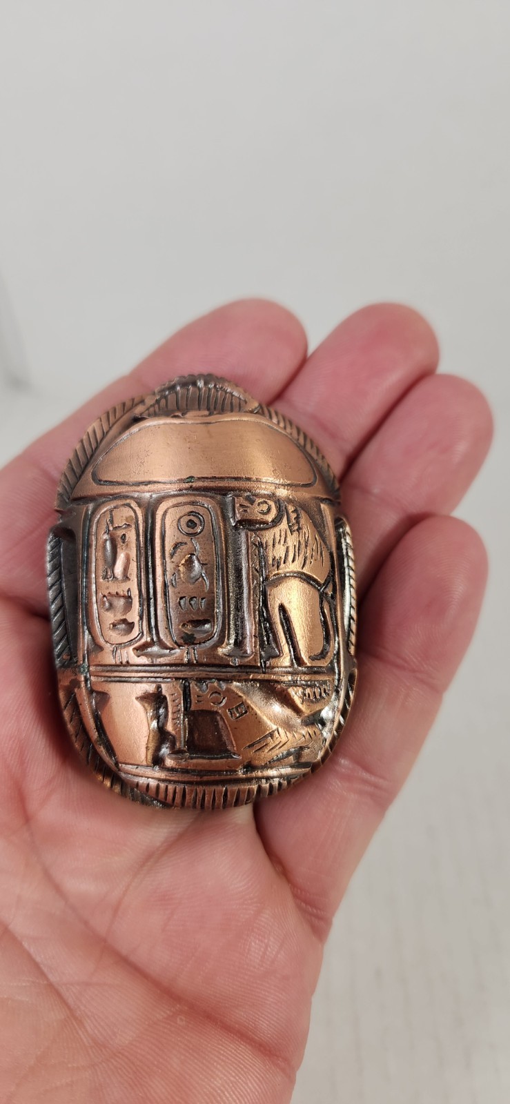 Copper Egyptian Scarab With Hieroglyfix Weighing 5 Ounces 3
