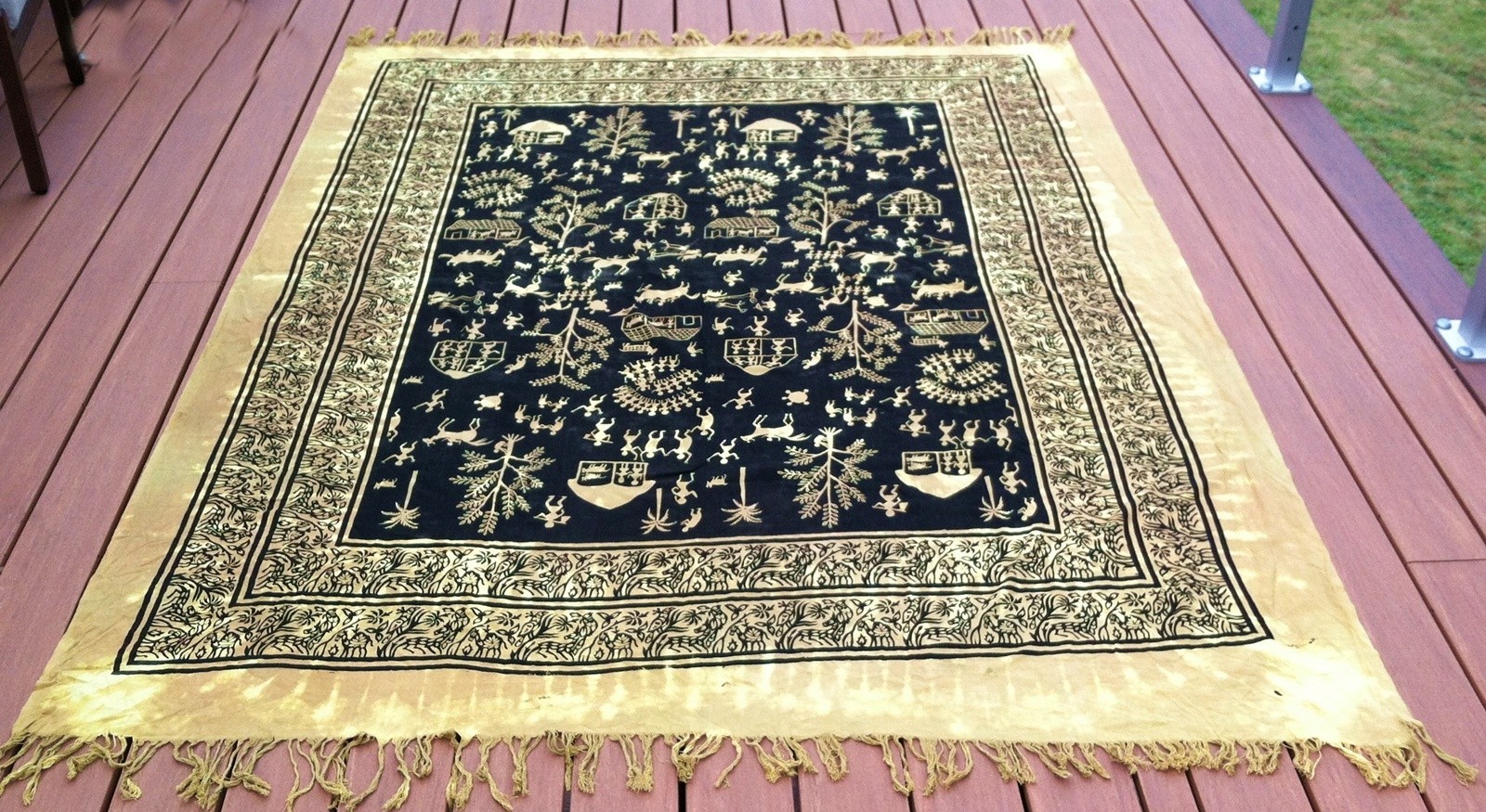 Vintage Warli Painting Tribal Art Pictorial Tablecloth Bedspread Fabric 95x78