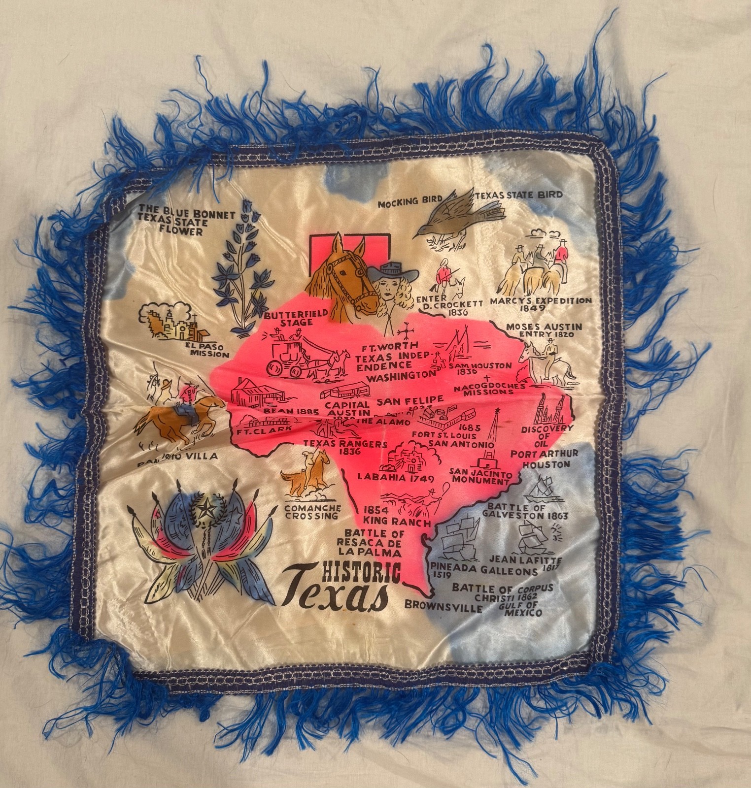 Vintage Historic Texas Pictorial Map Pillow Cover Satin Blue Fringe Souvenir