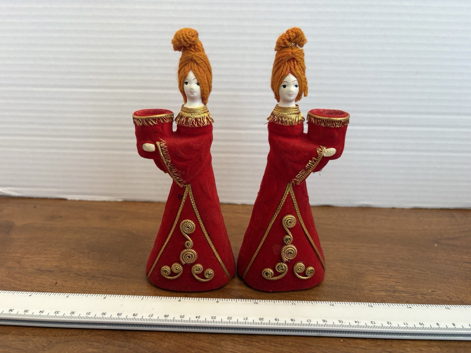Pair Vintage MCM Napco Christmas Red Velvet Lady Candle Holders Japan 7.25” Tall