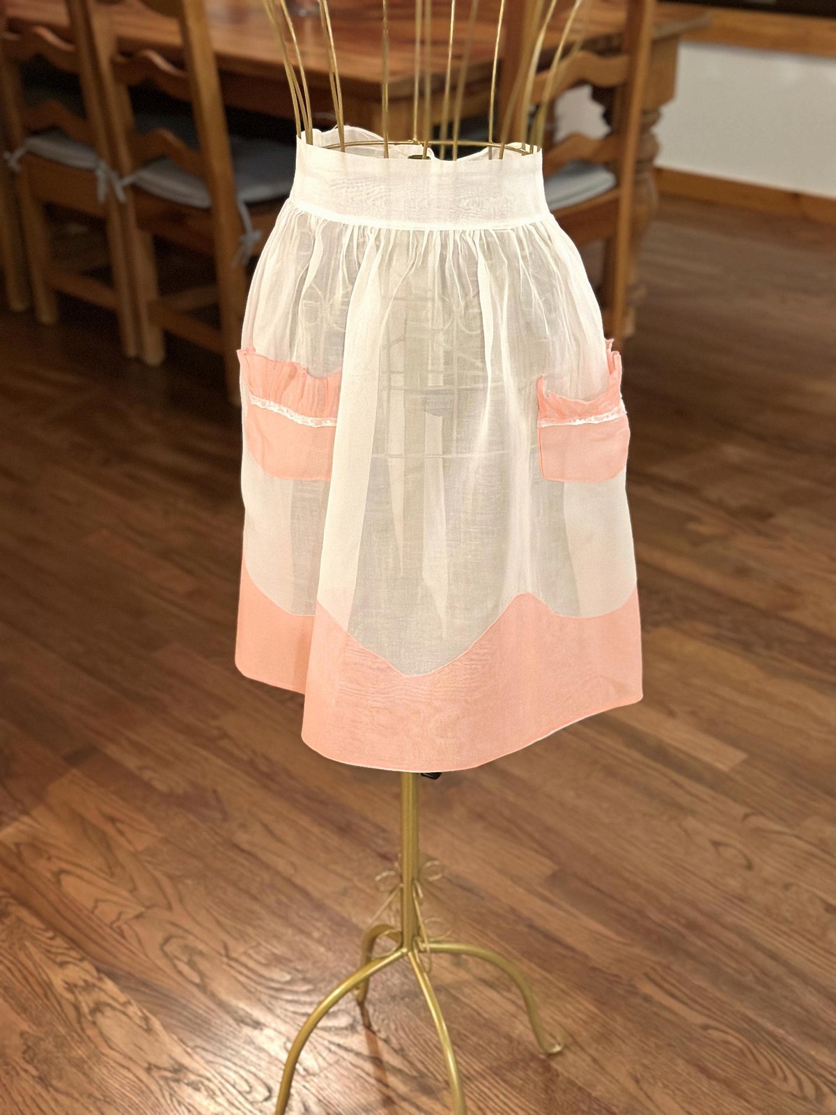 Vintage Half Apron - White & Pink Organdy Handsewn with Pockets MCM Grandmacore