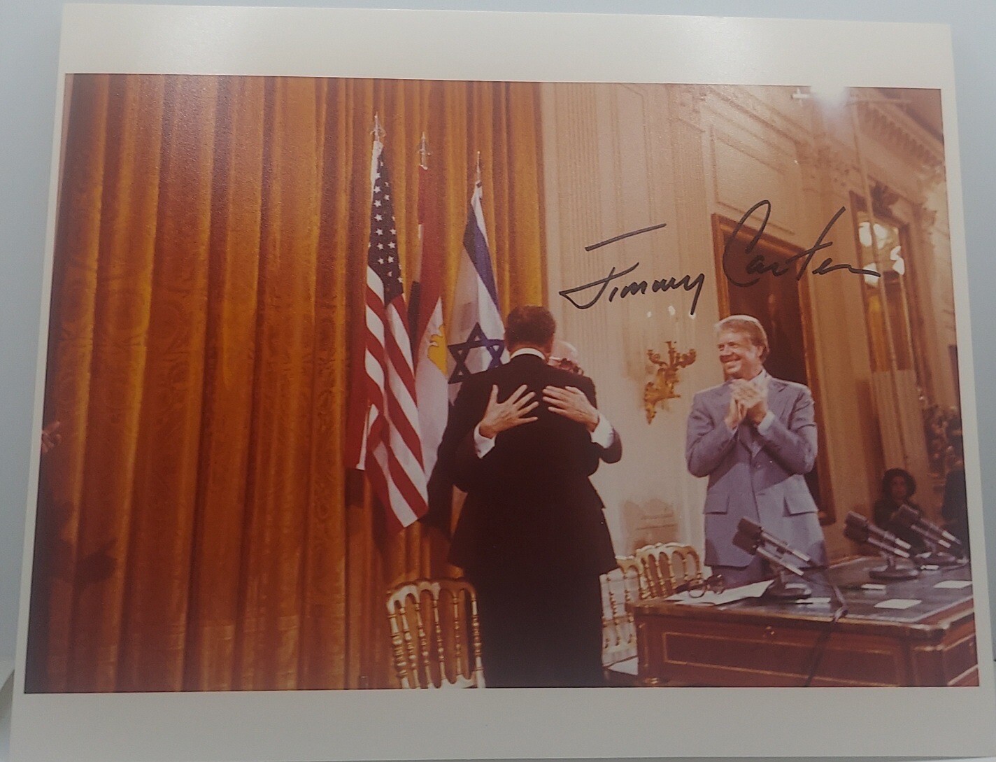 Jimmy Carter Signed 8x10 VTG. White House Photo Middle East Peace Full Signature