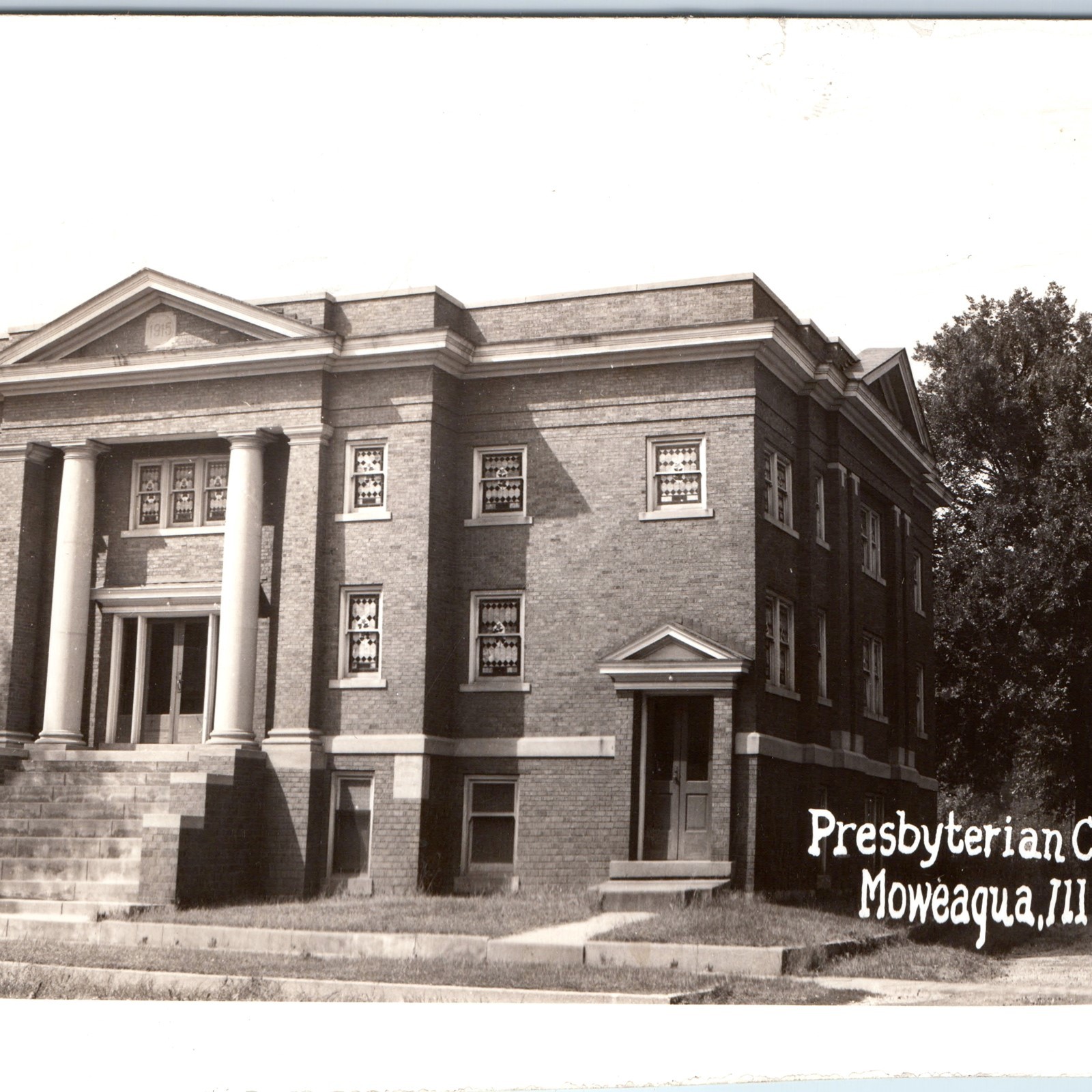 c1940s Moweaqua, IL Presbyterian Church RPPC Postcard Brick Architecture Photo