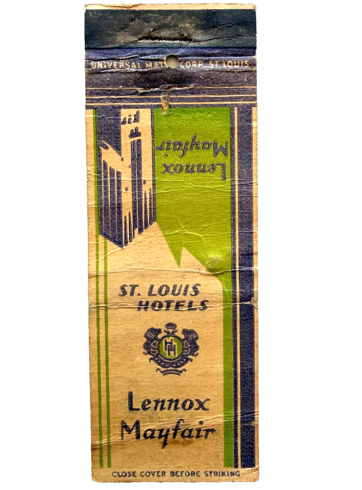 1940s Lennox Mayfair Hotel St Louis Matchbook Cover Art Deco Travel Ad Vintage