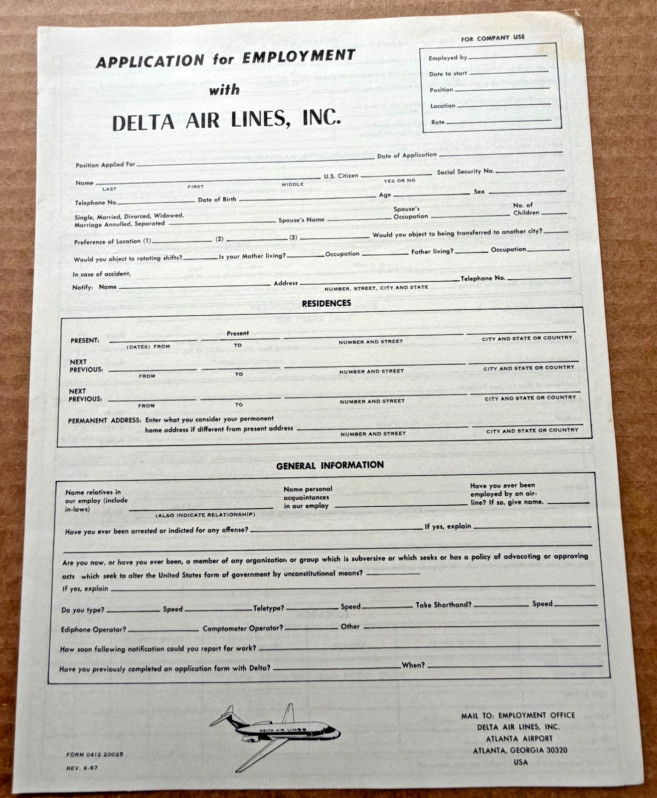 Vintage 1967 Delta Air Lines Employment Application Form Aviation Ephemera 6-67