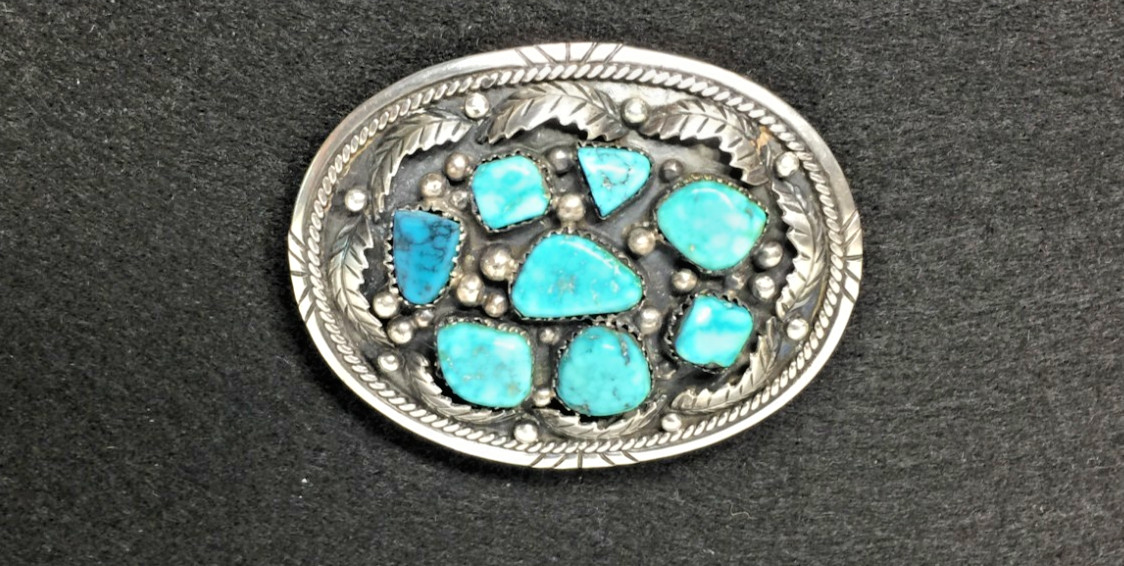 Vntg Native American Sterling  & TURQ Belt Buckle SGD Sarah James As Found