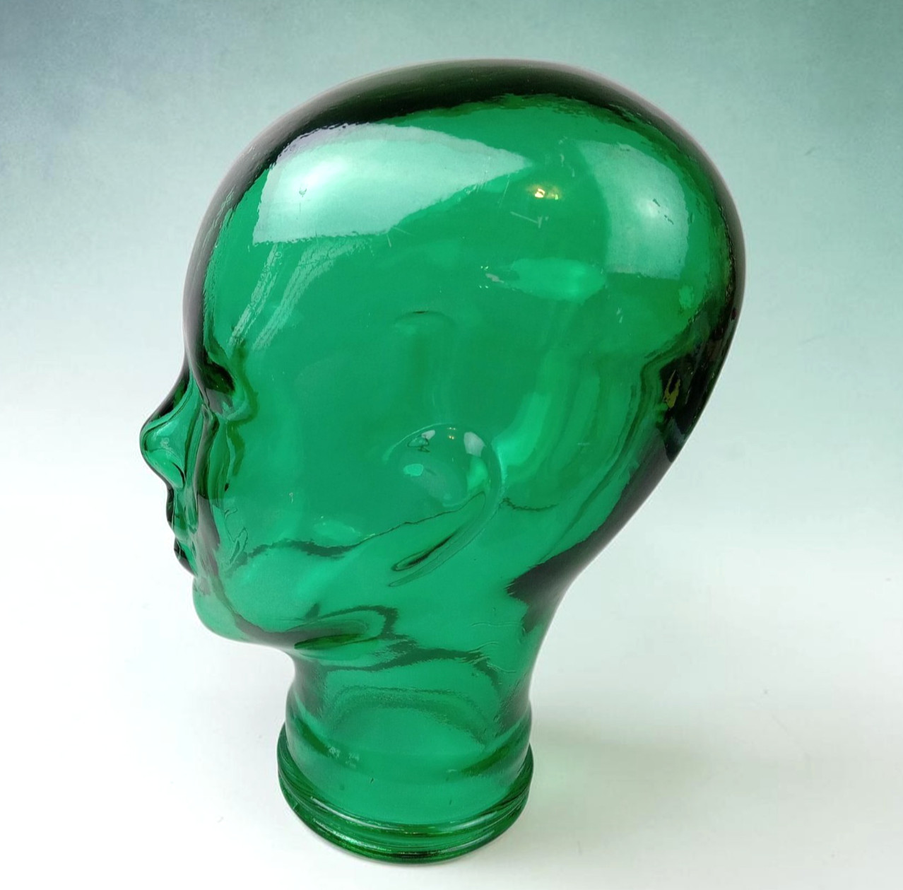 Vintage Life Size Emerald Green Tint Glass Human Mannequin Head Hat Wig Display