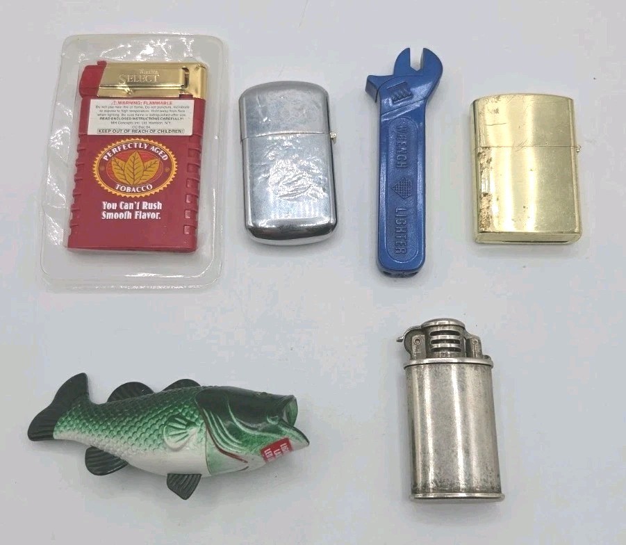 Novelty Cigarette Lighters Lot Of 6 Vintage Camel Winston Bass Wrench 