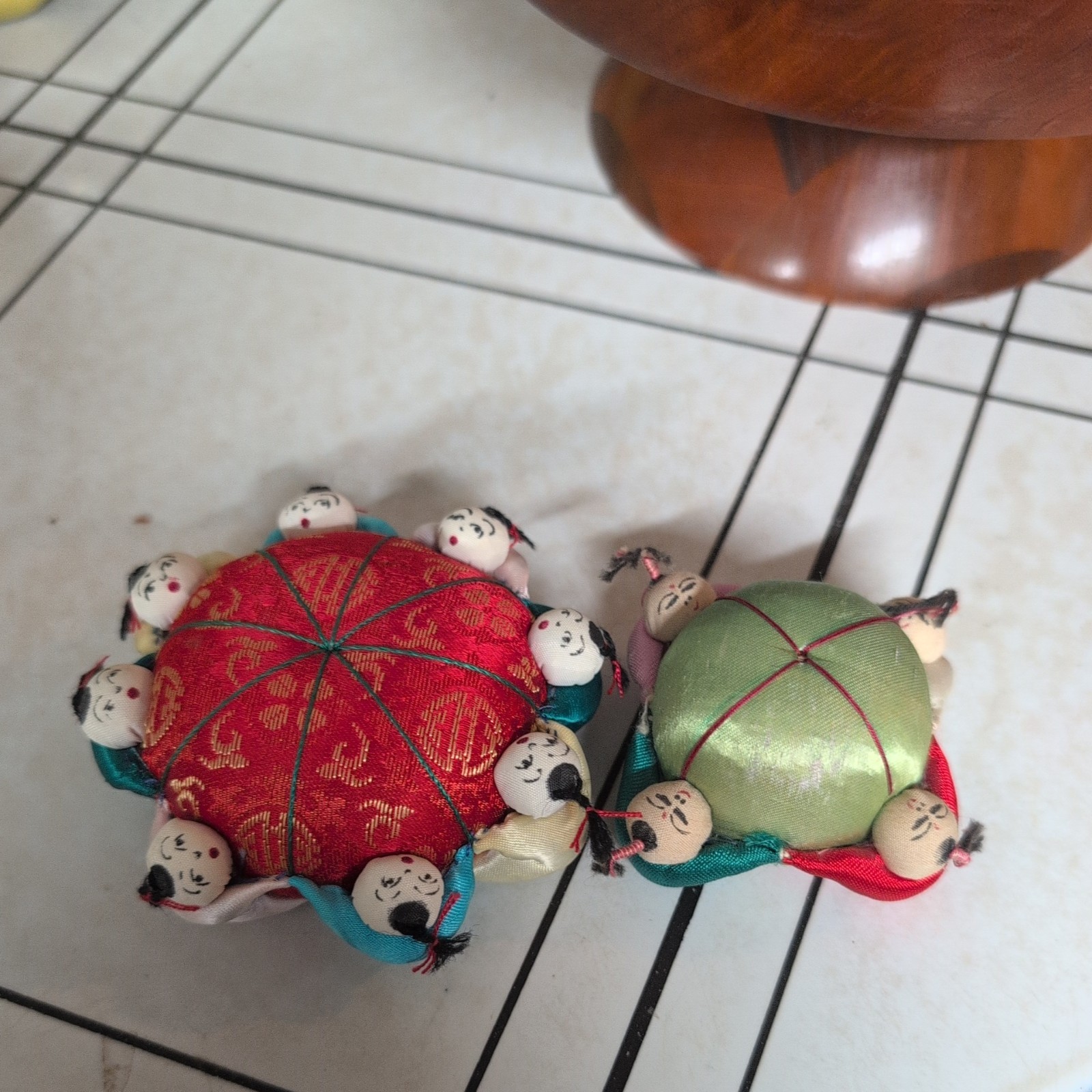 Vtg Set, Asian Satin Sew Pin Cushion  Children Holding Hands 