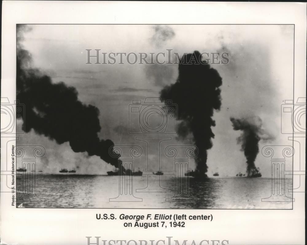 1942 Press Photo U.S.S George F. Elliot ( Left Center)in Flames - nem72253