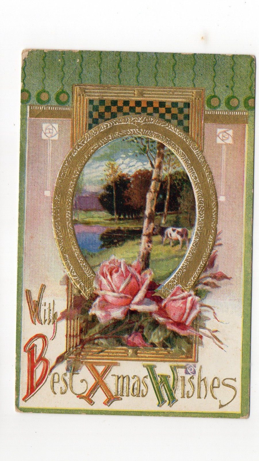 Best XMas Wishes Color Postcard Rose, Farm, Cow ca. 1910