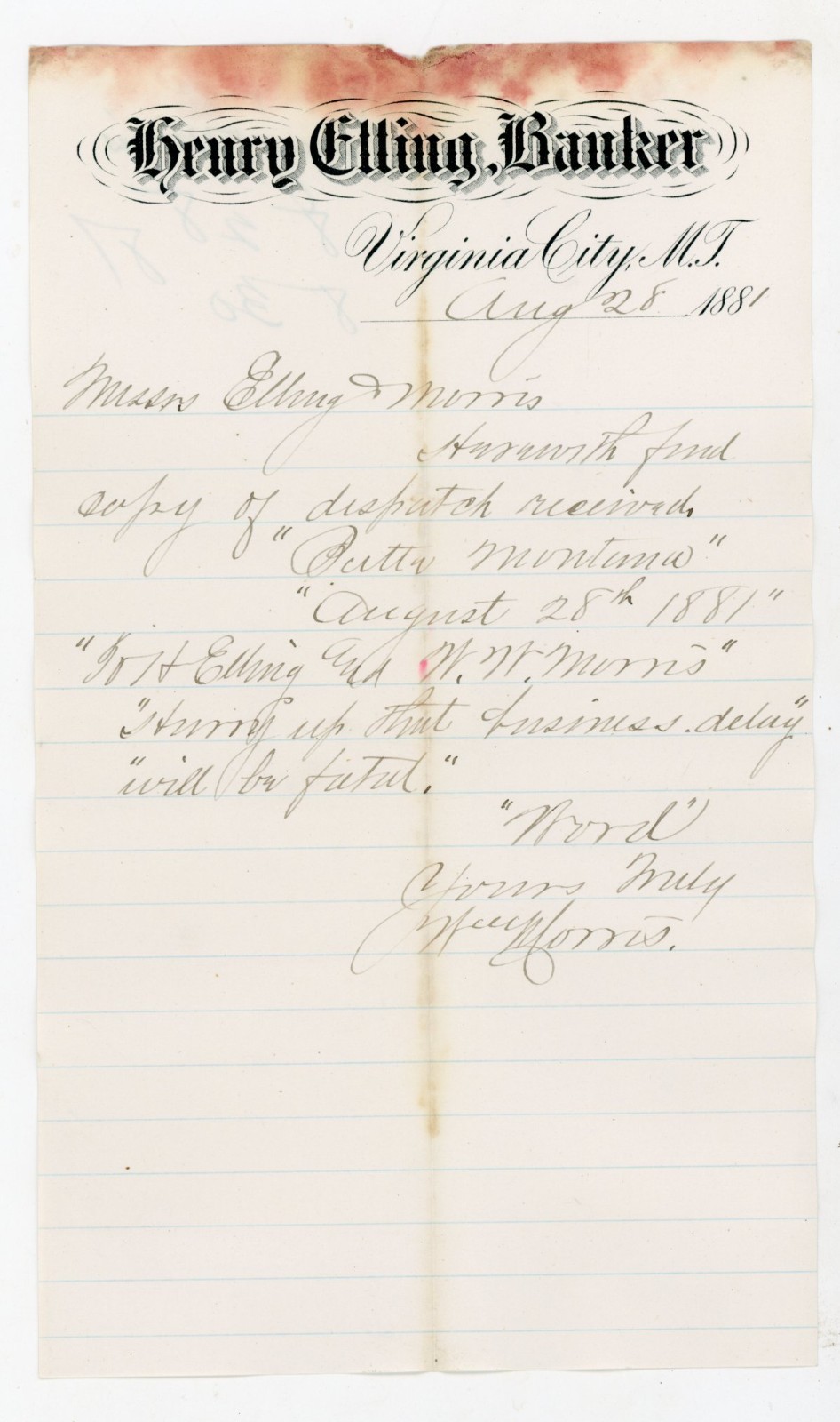 1881 Henry Elling Banker Virginia City Montana Territory Handwritten Letter