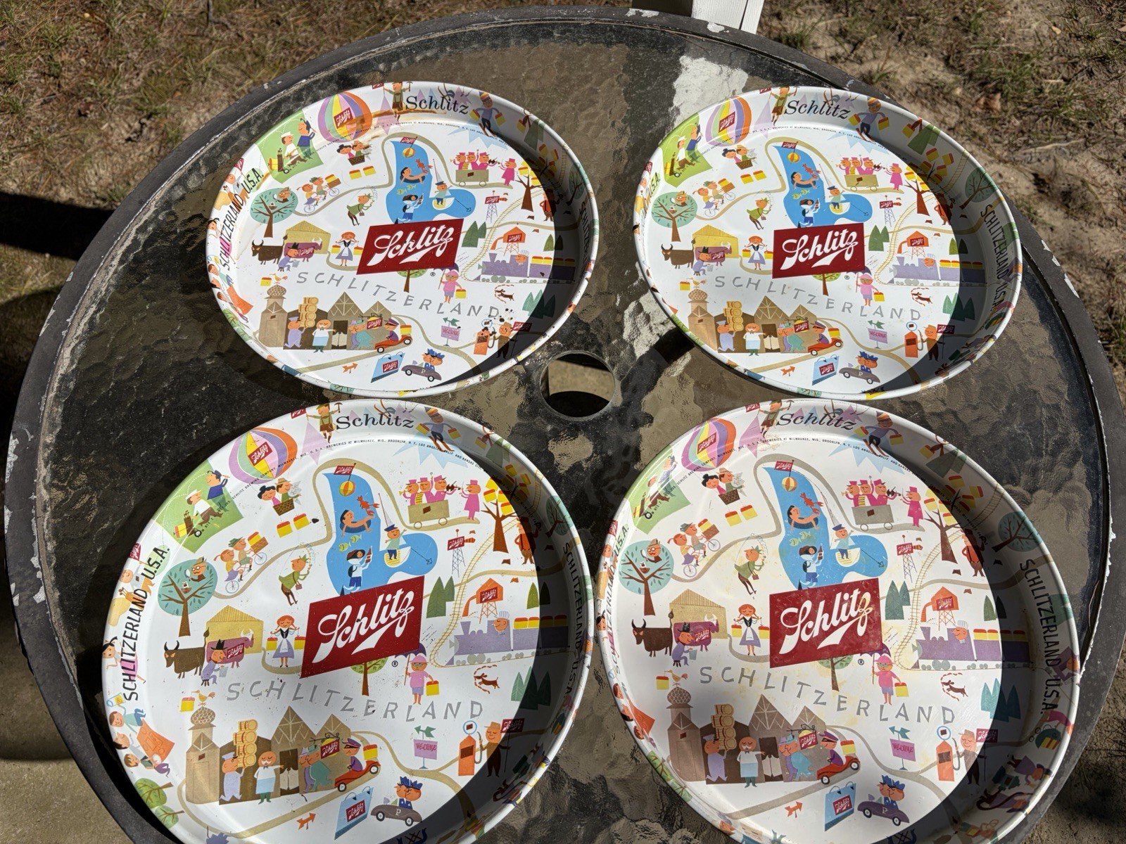 Lot Of 4 Vintage 1957 Schlitz Beer Serving Tray Schlitzerland US Cartoon Barware