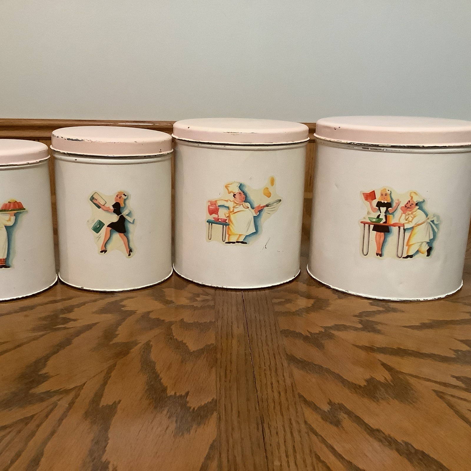 Vintage 195O\'s Set of 4 Tin Litho Cartoon French Chef Decal Canister