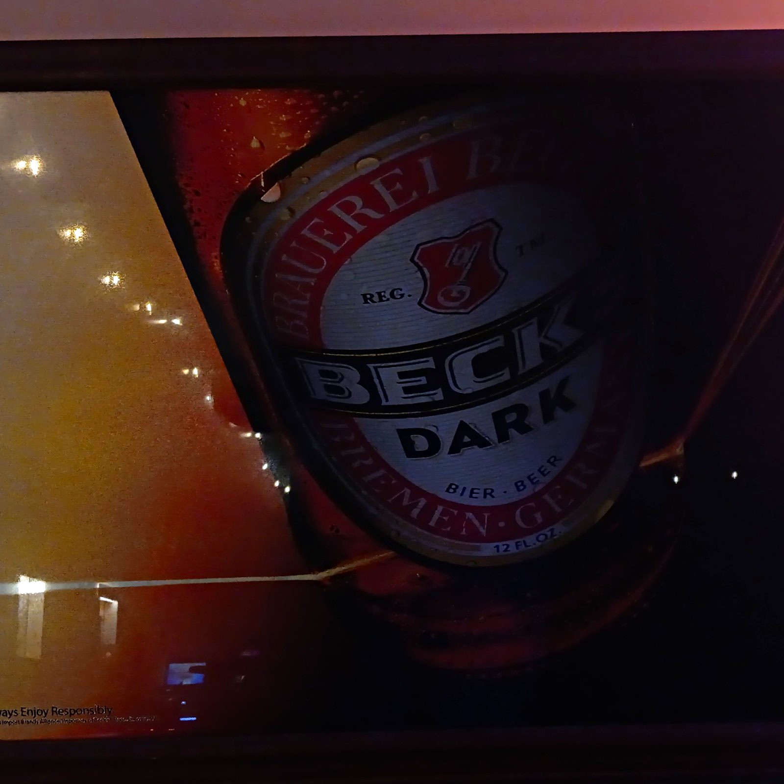 Beck’s Dark Beer Framed Mirror Bar Sign, Brauerei Beck & Co Bremen
