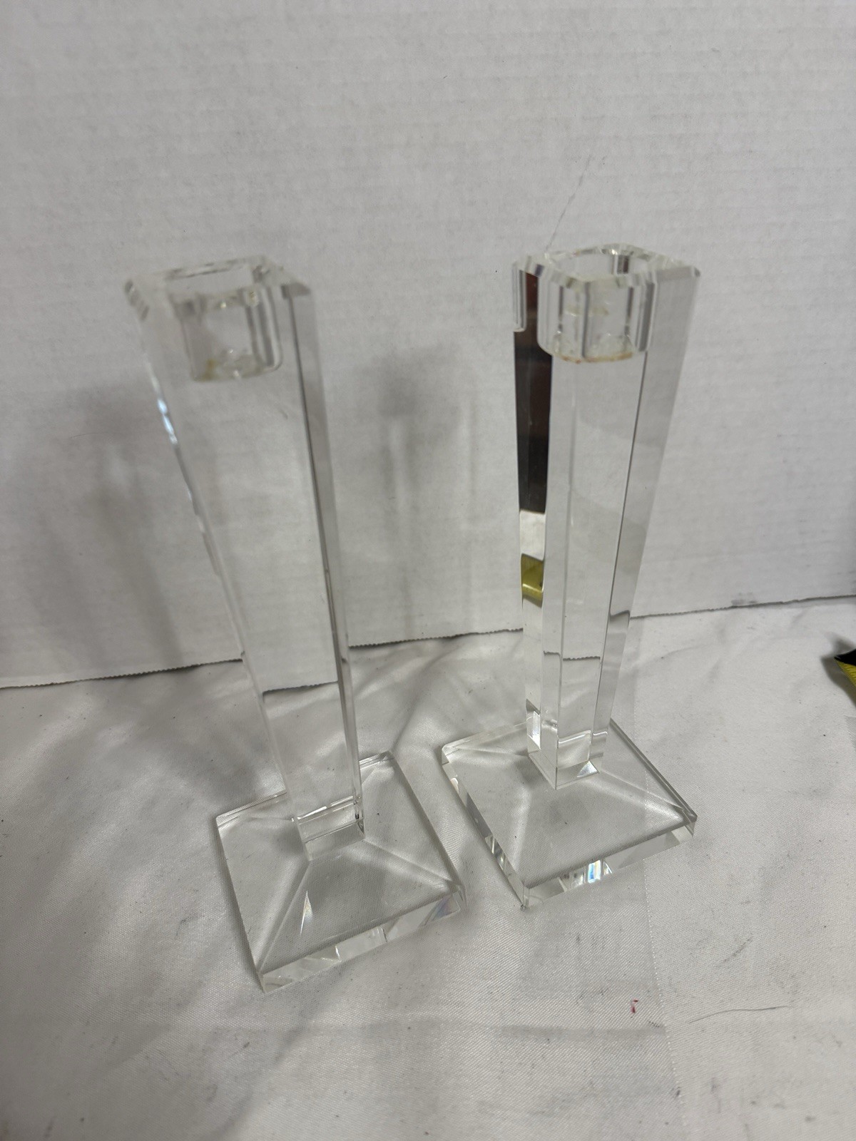 VINTAGE PAIR OLEG CASSINI SIGNED CRYSTAL BLOCK CANDLESTICKS 8” MCM Geometric