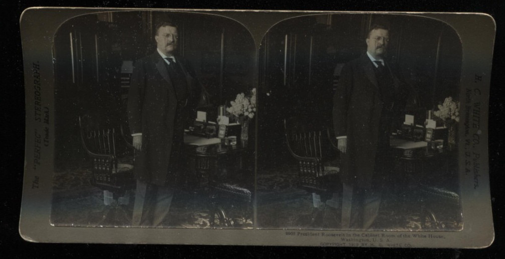 1902 Stereoview Photograph, President Roosevelt In The Cabinet Room