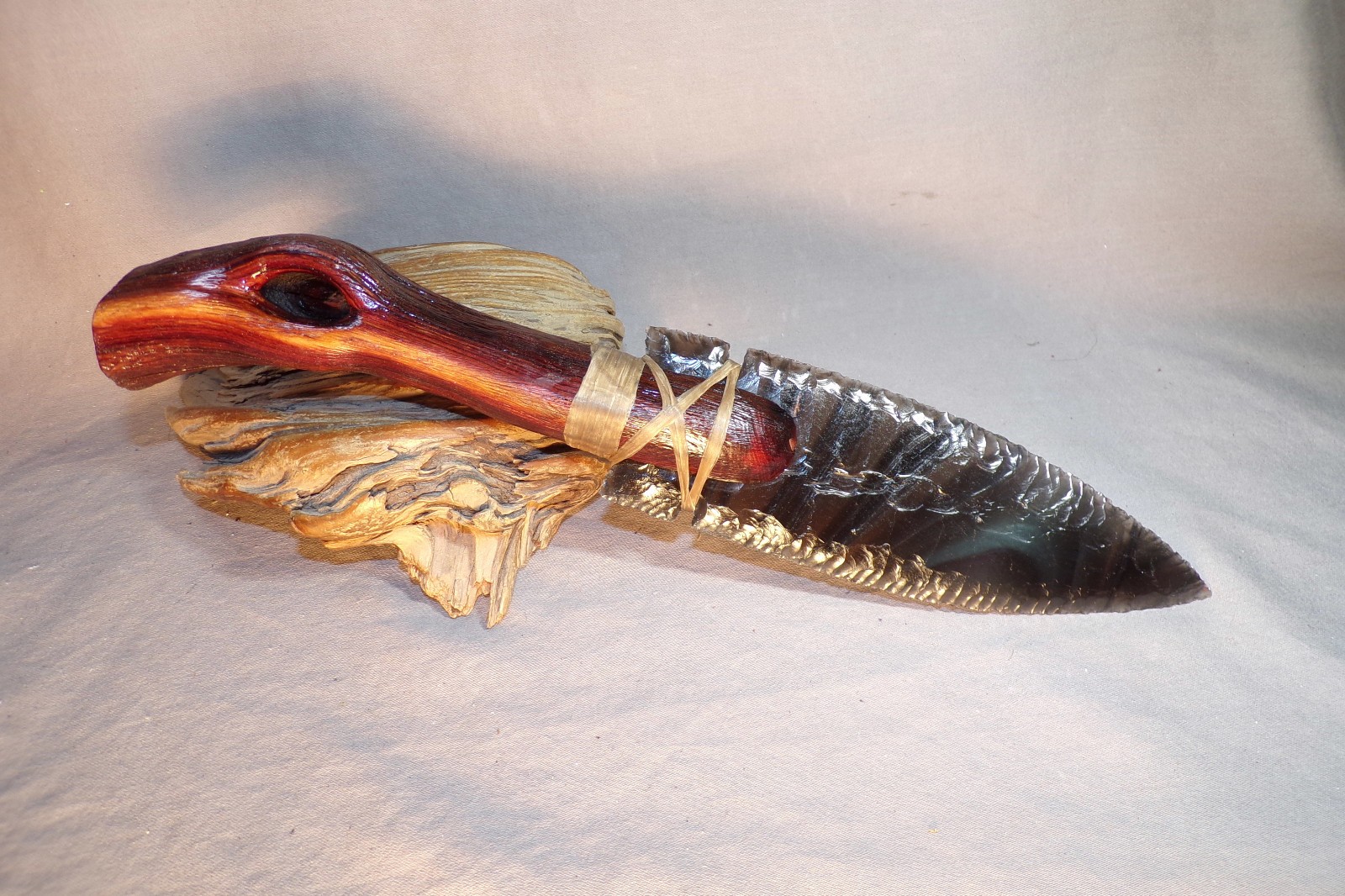 Ribbon and Rainbow Obsidian Fox Ear Knife Manzanita Handle Flint Knapping COA