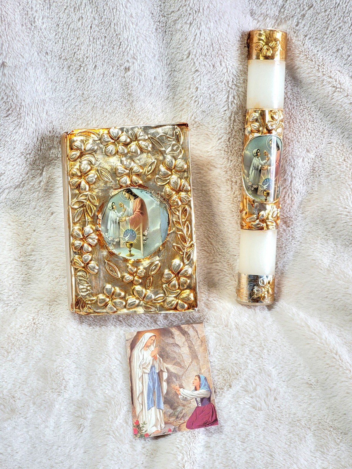Vintage Gilded La Biblia Spanish Wedding Bible w/ Matching Prayer Candle 1995 Ed
