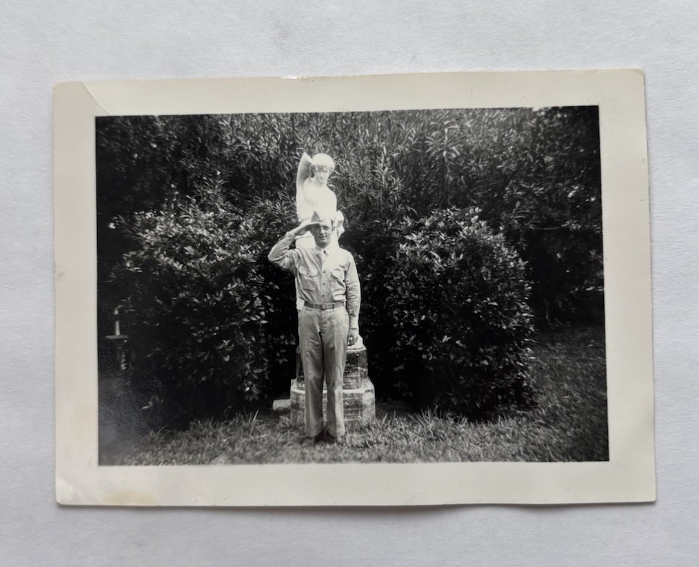 Vtg B&W Snapshot WWII Era US Army Soldier Saluting in Uniform Monument Military