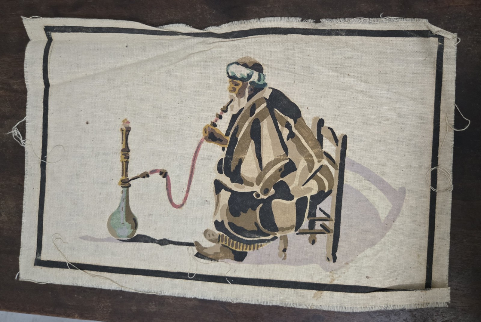 Antique Bezalel Meir Gur-Aryeh Palestine Fabric Print Hookah Smoker 1930s Stamps
