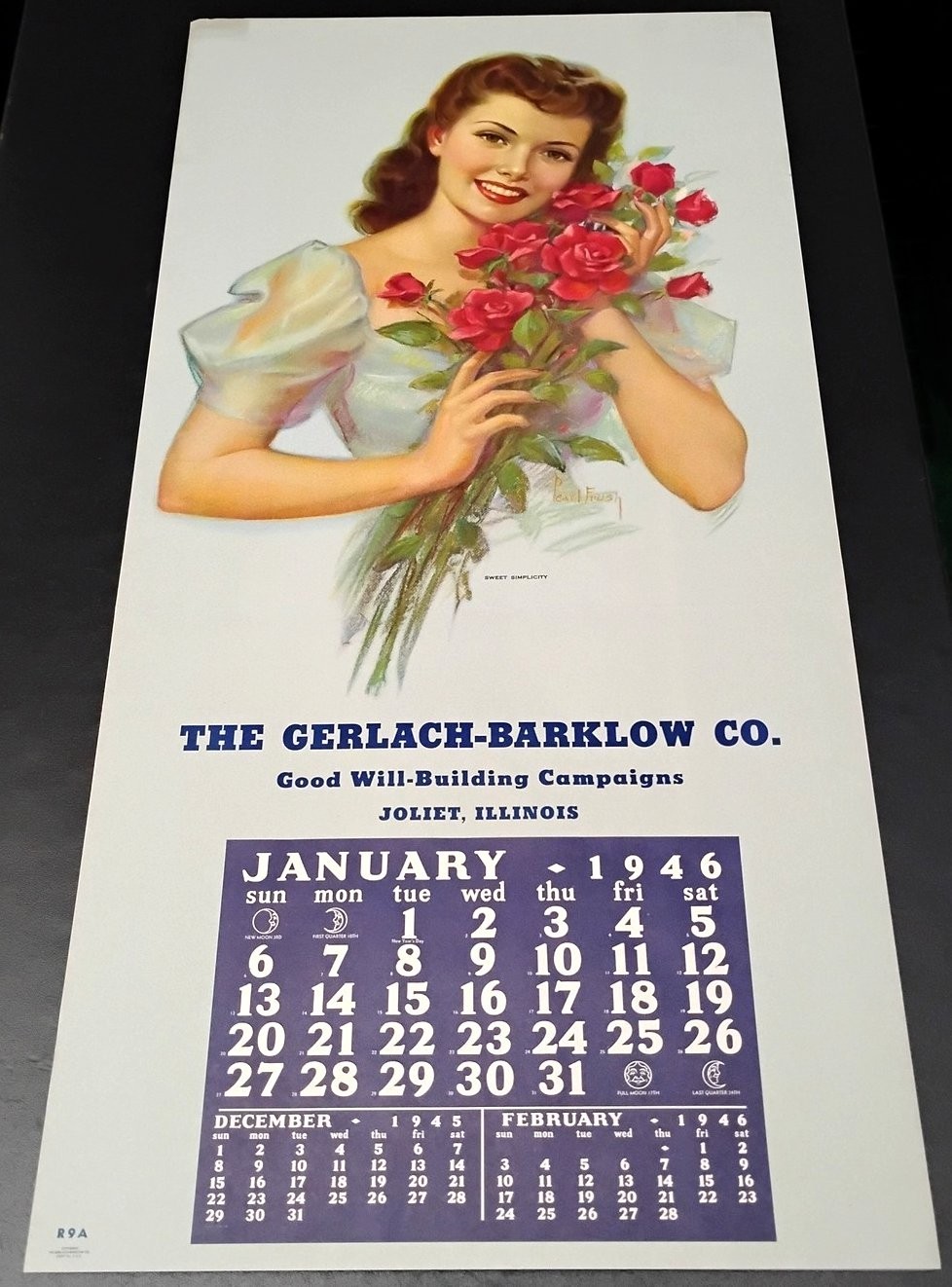 😲 1946 PEARL FRUSH PINUP GIRL CALENDAR VINTAGE POSTER ART PRINT JOLIET ILLINOIS