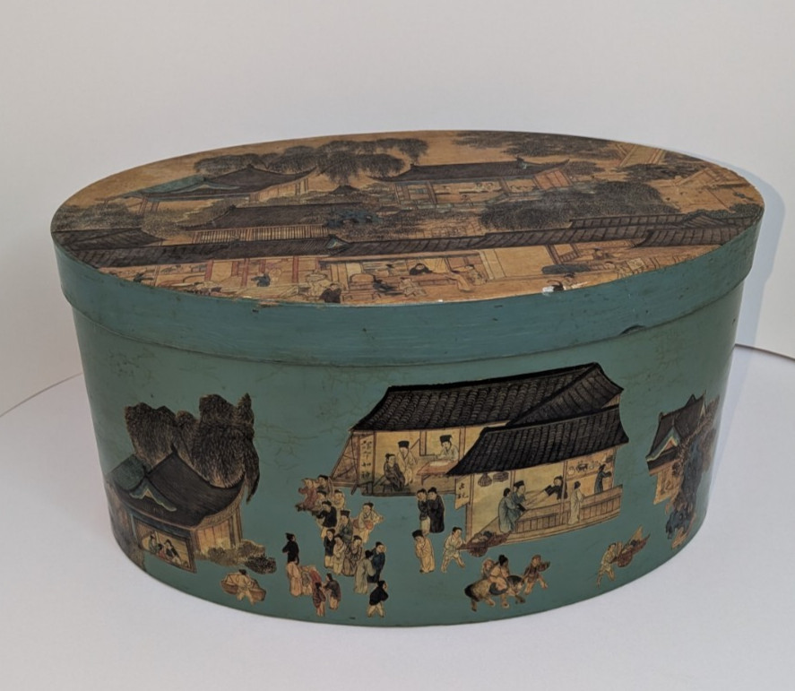 Vtg. Bentwood Asian Art Lidded Oval Painted \