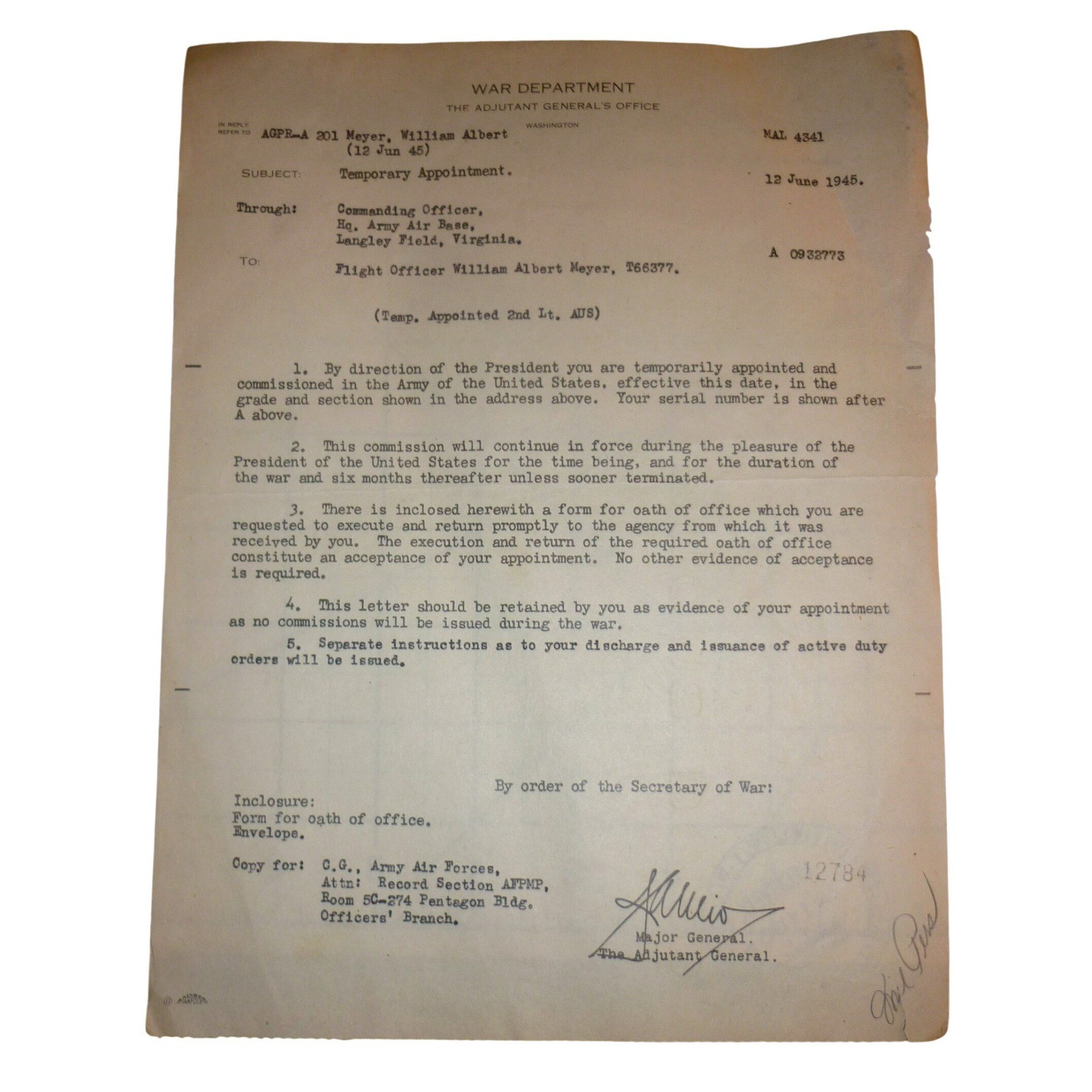WWII 1945 Army Air Forces Temporary Appointment Document Lt William Meyer USAAF