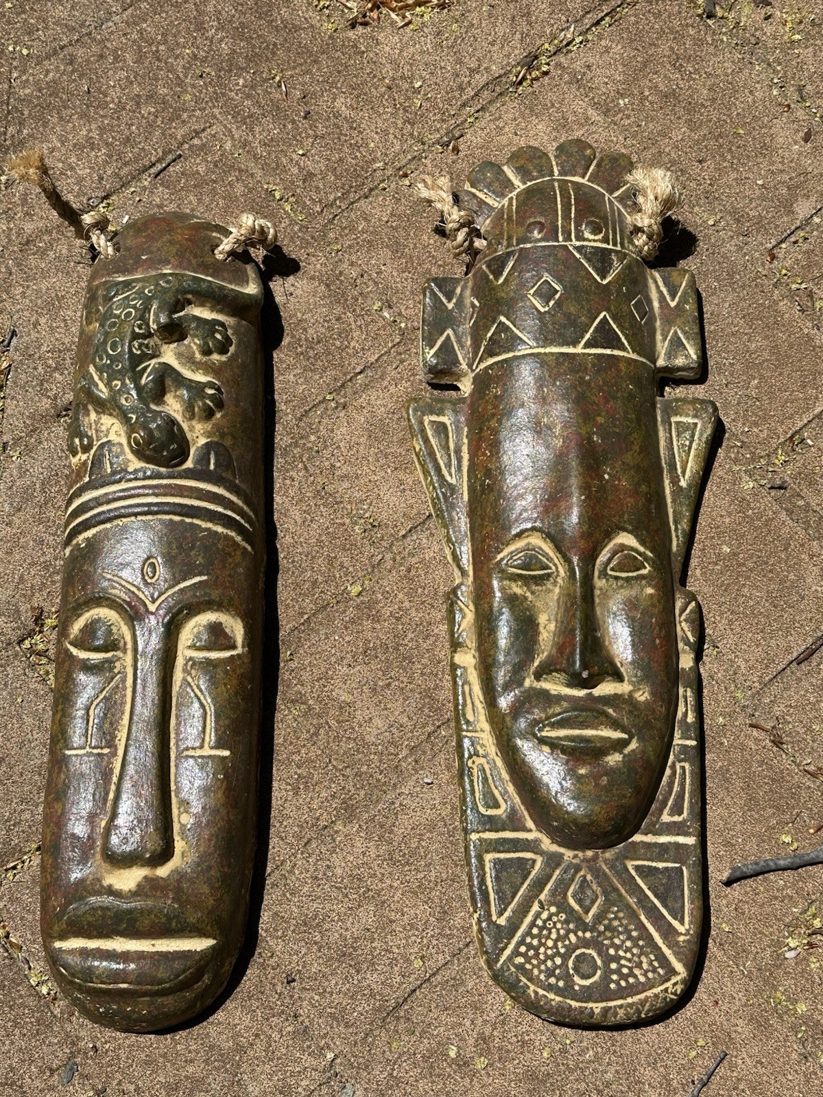 2 - Vintage Clay Tiki Wall Masks Aztec Mayan Latin American Pair 20\