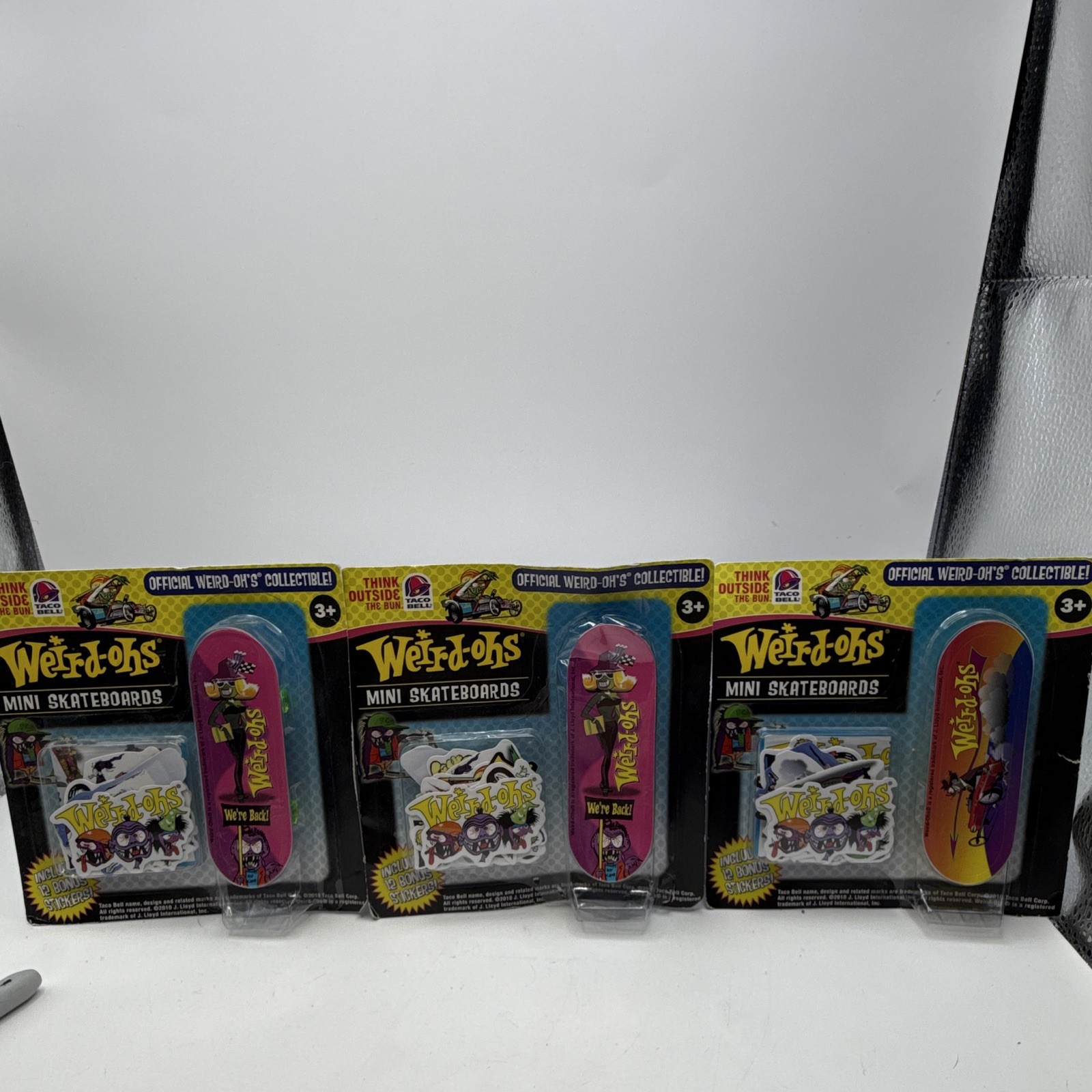 Lot of 3 Vintage Weird-Ohs Mini Skateboards Taco Bell Collectibles with Stickers