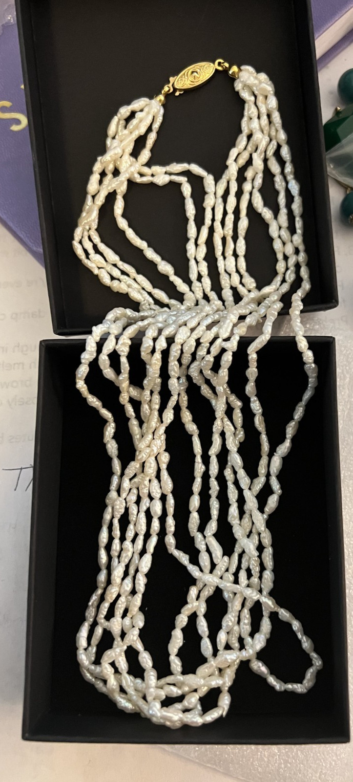 Vintage Cream white Multi-strand Freshwater Rice Pearl Necklace gold tone clasp