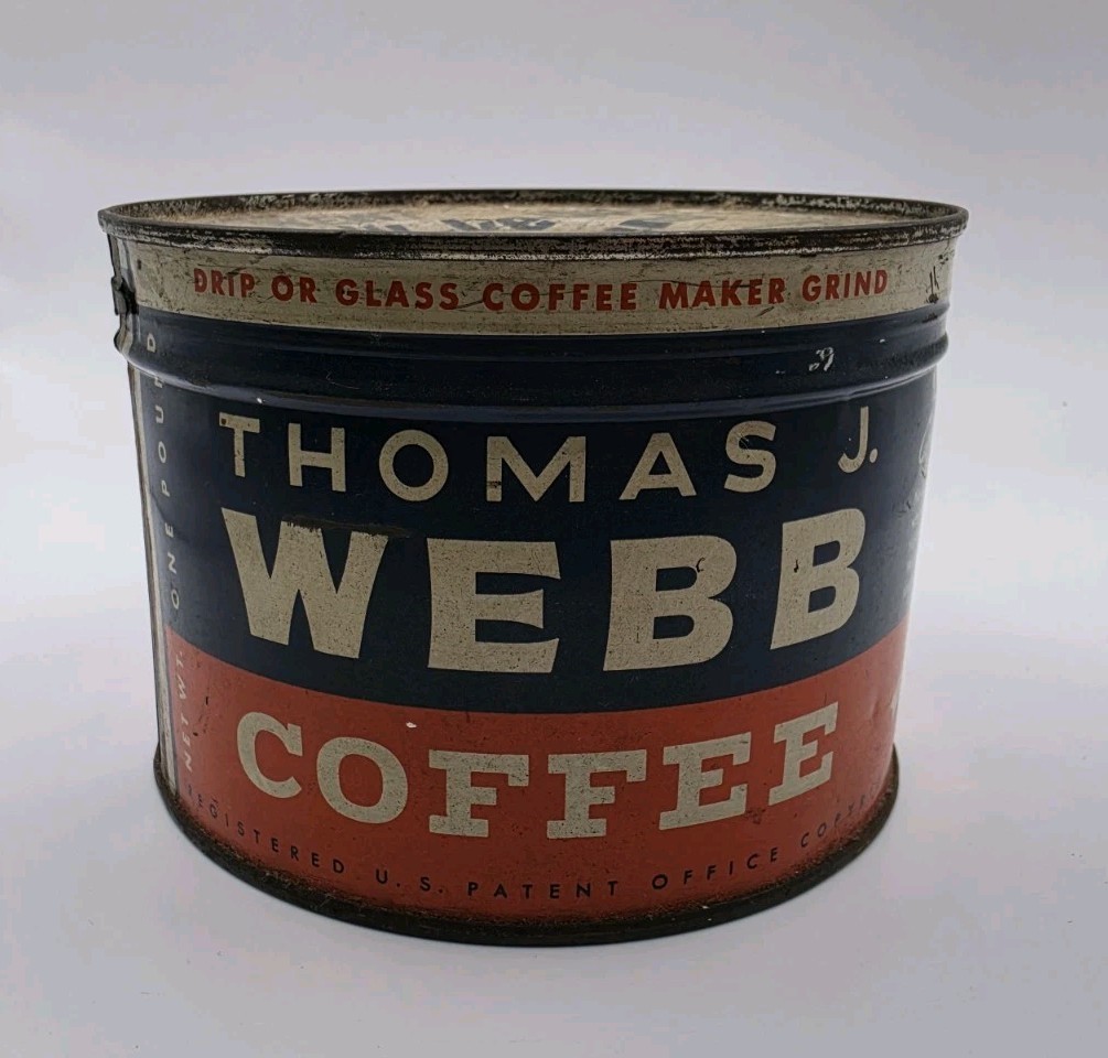 NOS Vintage Coffee Tin Thomas J Webb 1-Pound Original Key Full And Sealed 