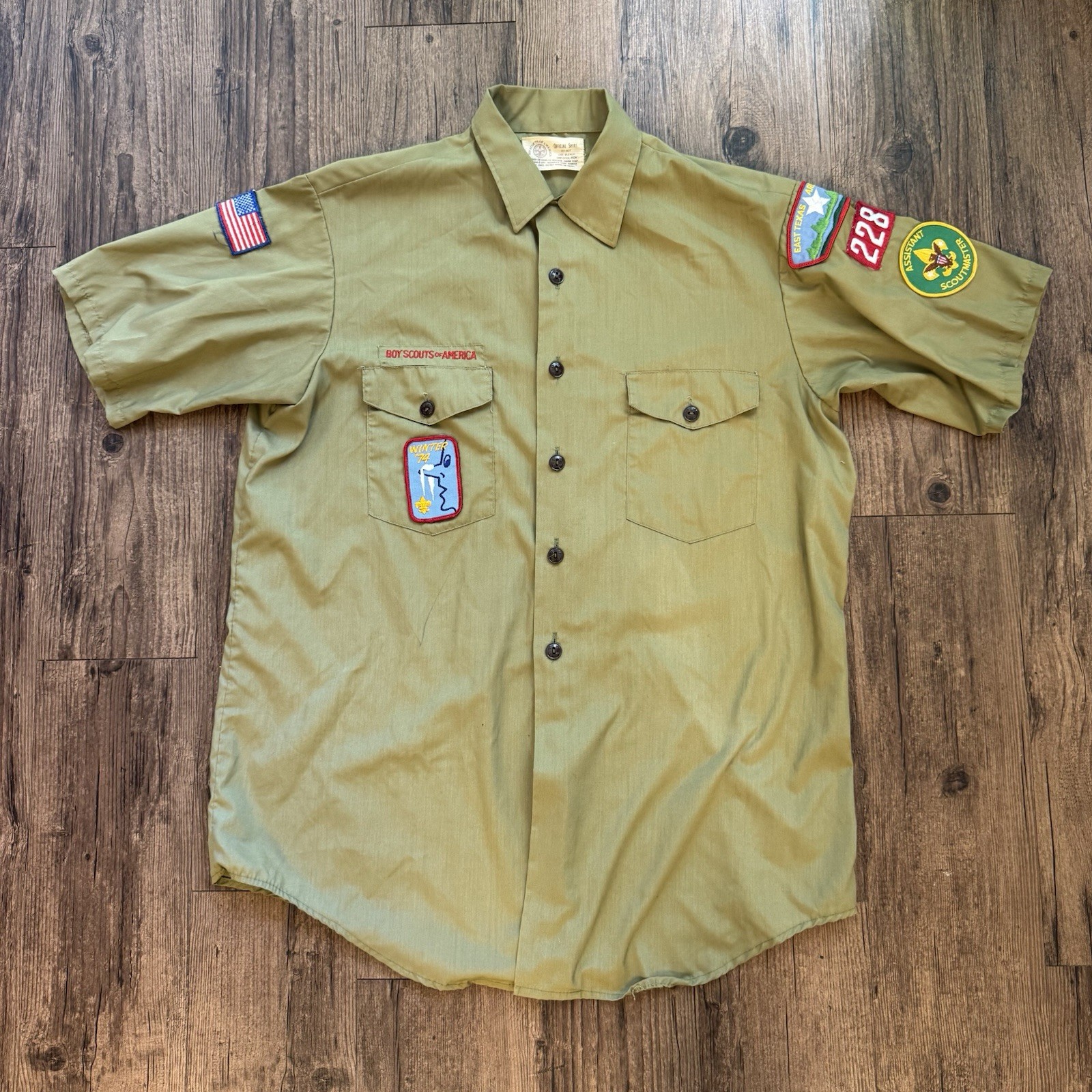 Vintage 1970s Boy Scout Shirt Large Patches East Texas 228 Assistant Scoutmaster