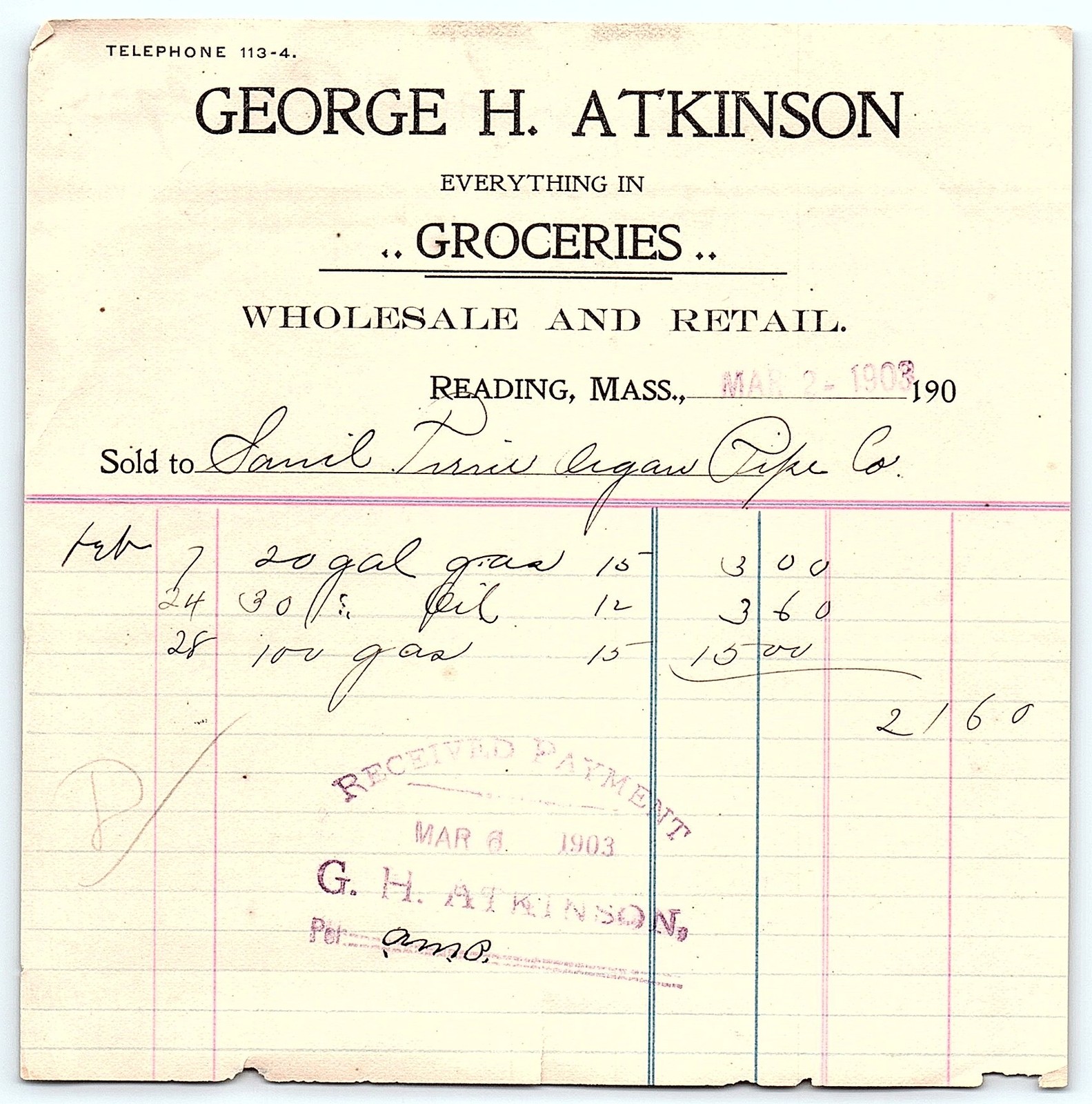 1903 Reading MA Grocer Billhead - Saml Pierce Organ Pipe Co.