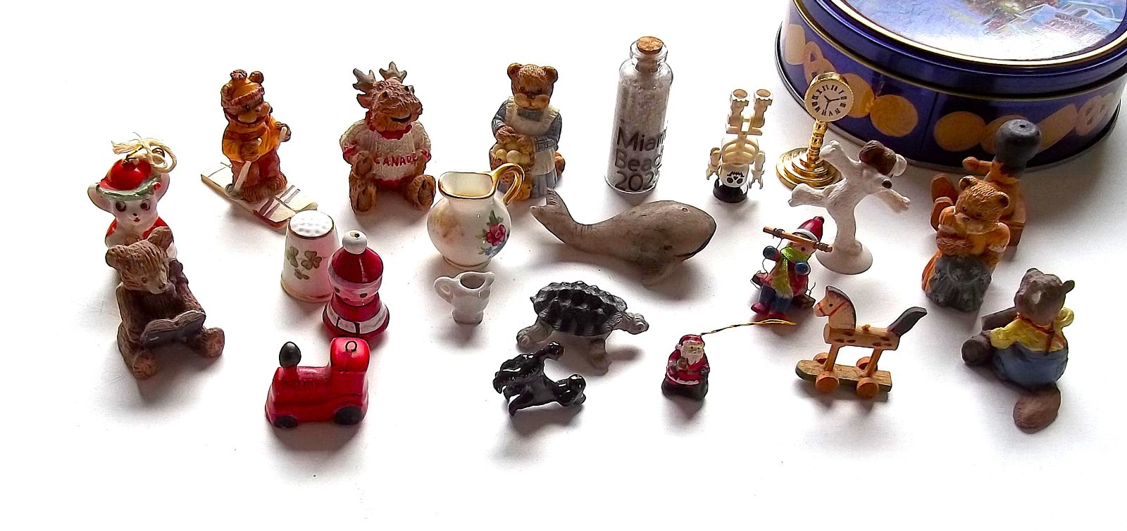 Vintage Miniature Figurines Lot Doll House, Trinkets Etc. In Tin