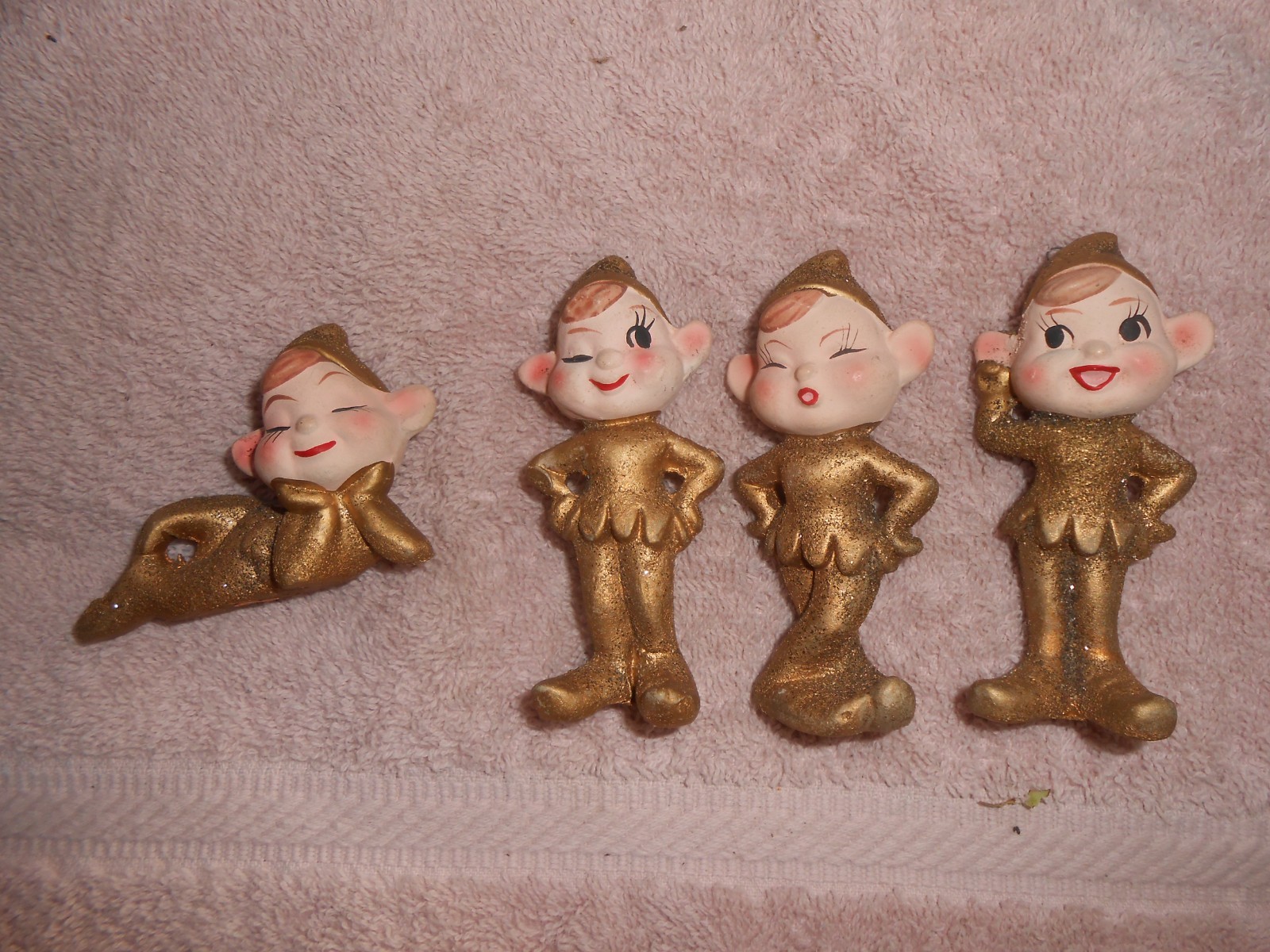 4- Vtg Ceramic Gold Glitter Elf Pixie Ornaments Japan