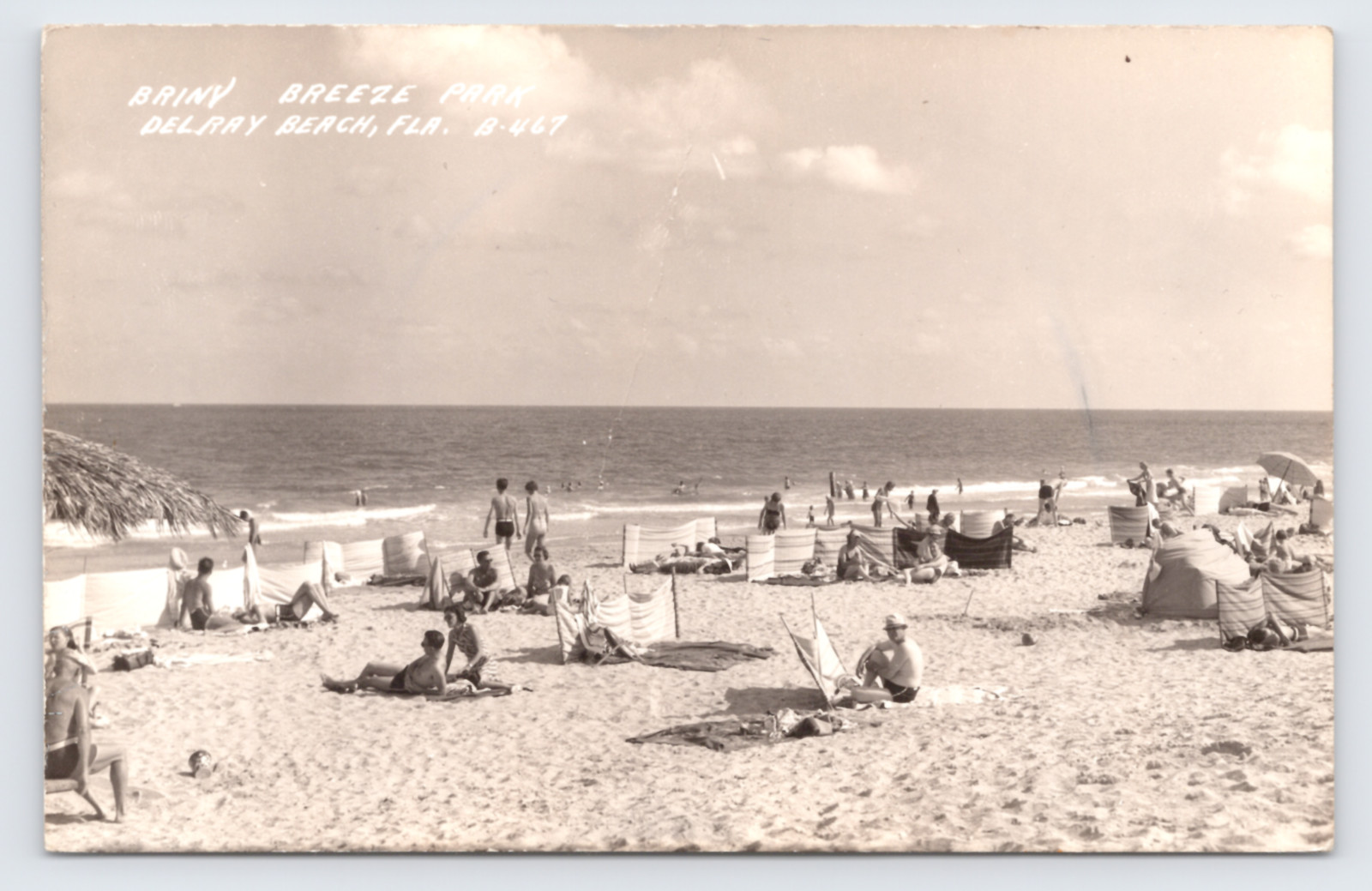 c1940 Briny Breeze Park Beach Scene RPPC Delray Beach FL Windbreaks Photo
