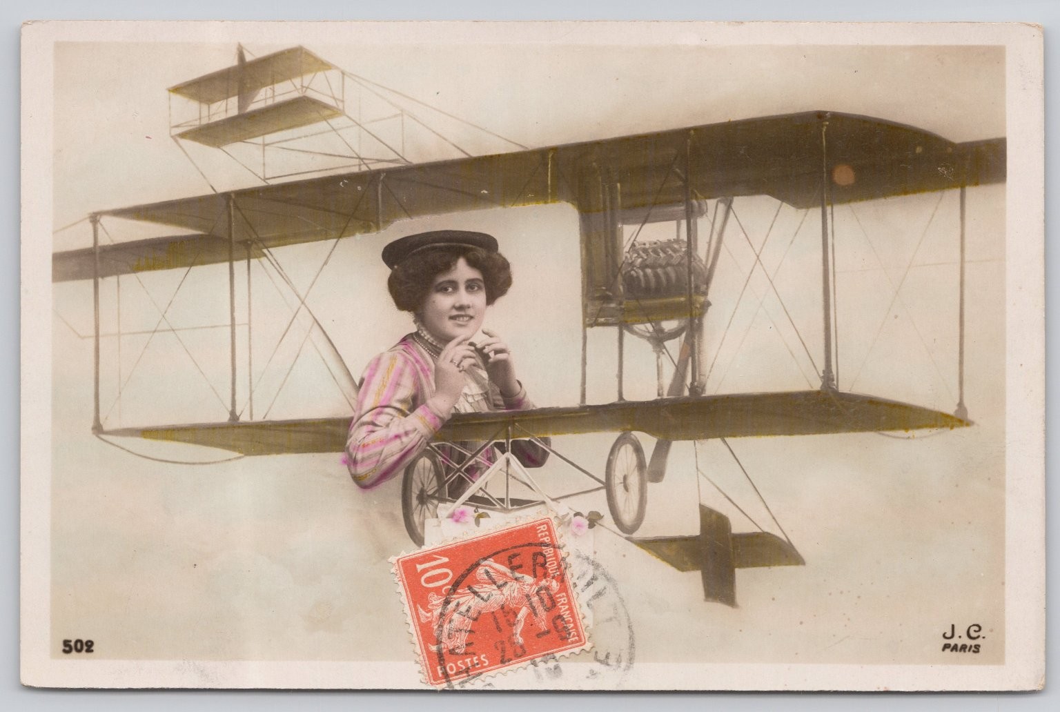 Early French Aviation Postcard Woman Pilot Biplane J.C. Paris Rppc 1900s